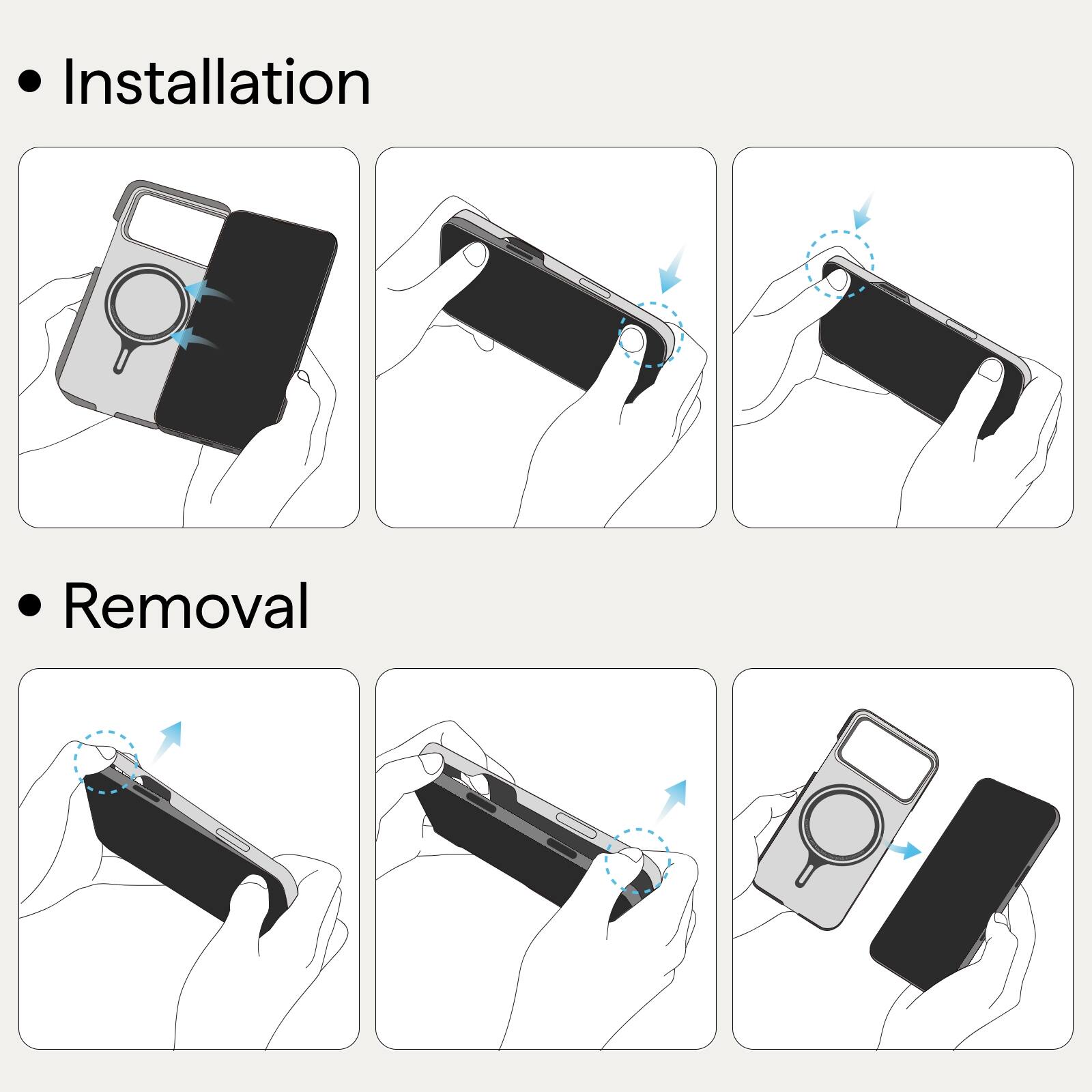 - Installation
  1. Align the case with the phone.
  2. Insert the phone into the case.
  3. Secure the case by pressing the buttons.

- Removal
  1. Press the buttons to release the phone.
  2. Remove the phone from the case.