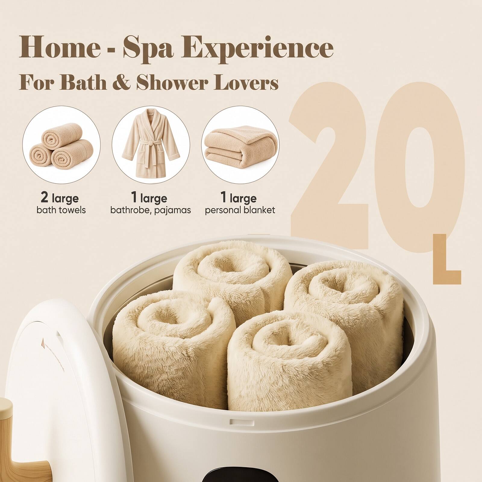 Home-Spa Experience For Bath & Shower Lovers  
- 2 large bath towels  
- 1 large bathrobe, pajamas  
- 1 large personal blanket  
- 20 L