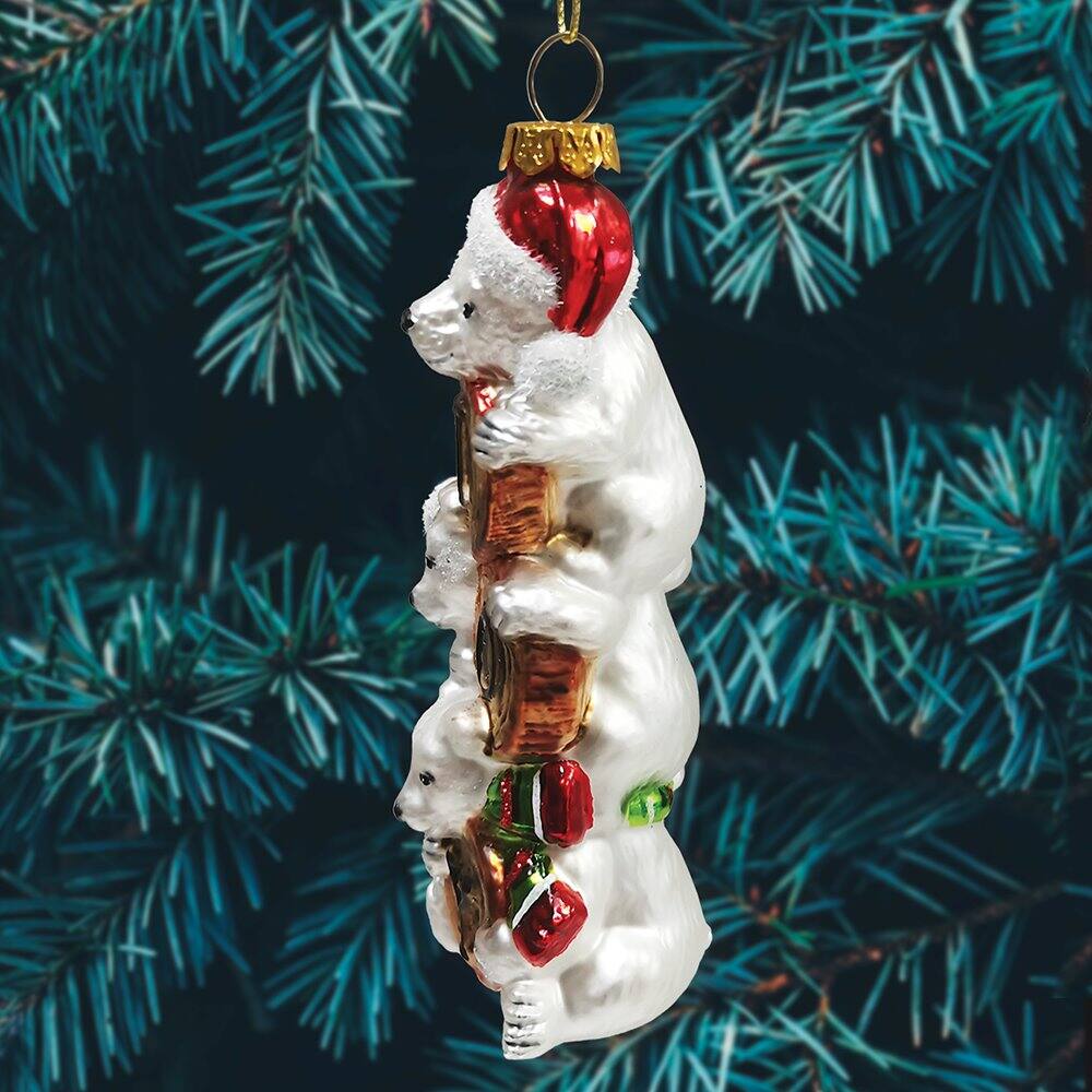 Left. OrnamentallyYou - Joyful Polar Bear Trio Stacked Glass Christmas Ornament - Multi-colored.