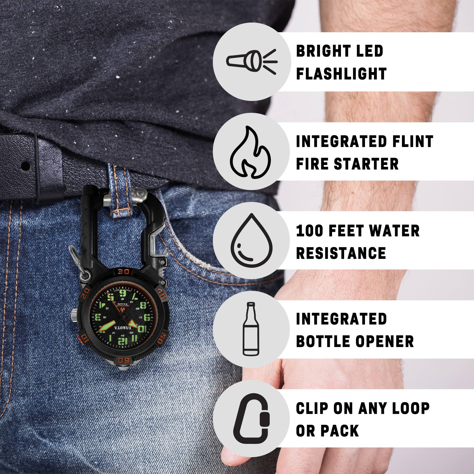 BRIGHT LED FLASHLIGHT  
INTEGRATED FLINT FIRE STARTER  
100 FEET WATER RESISTANCE  
INTEGRATED BOTTLE OPENER  
CLIP ON ANY LOOP OR PACK