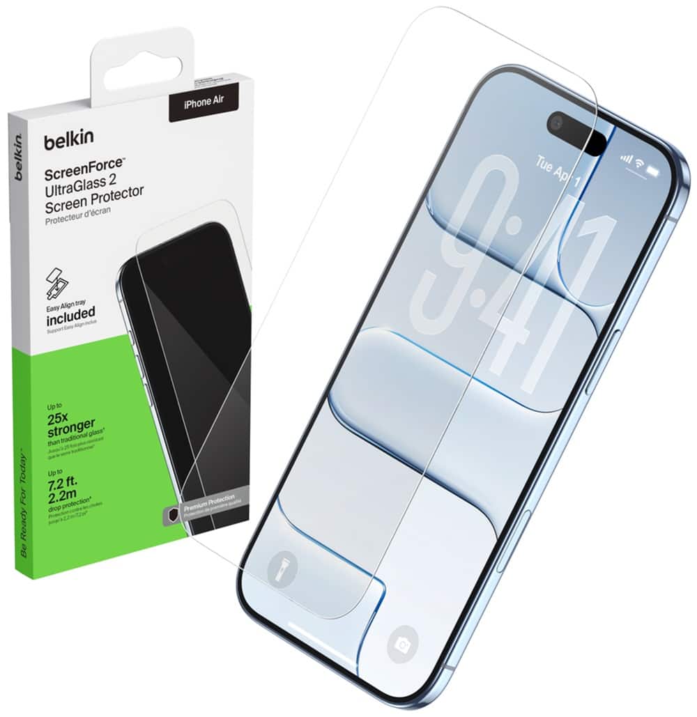 Belkin - ScreenForce UltraGlass 2 Screen Protector for iPhone Air, Scratch-Resistant & Impact Protection w/ Easy Align Tray - Clear