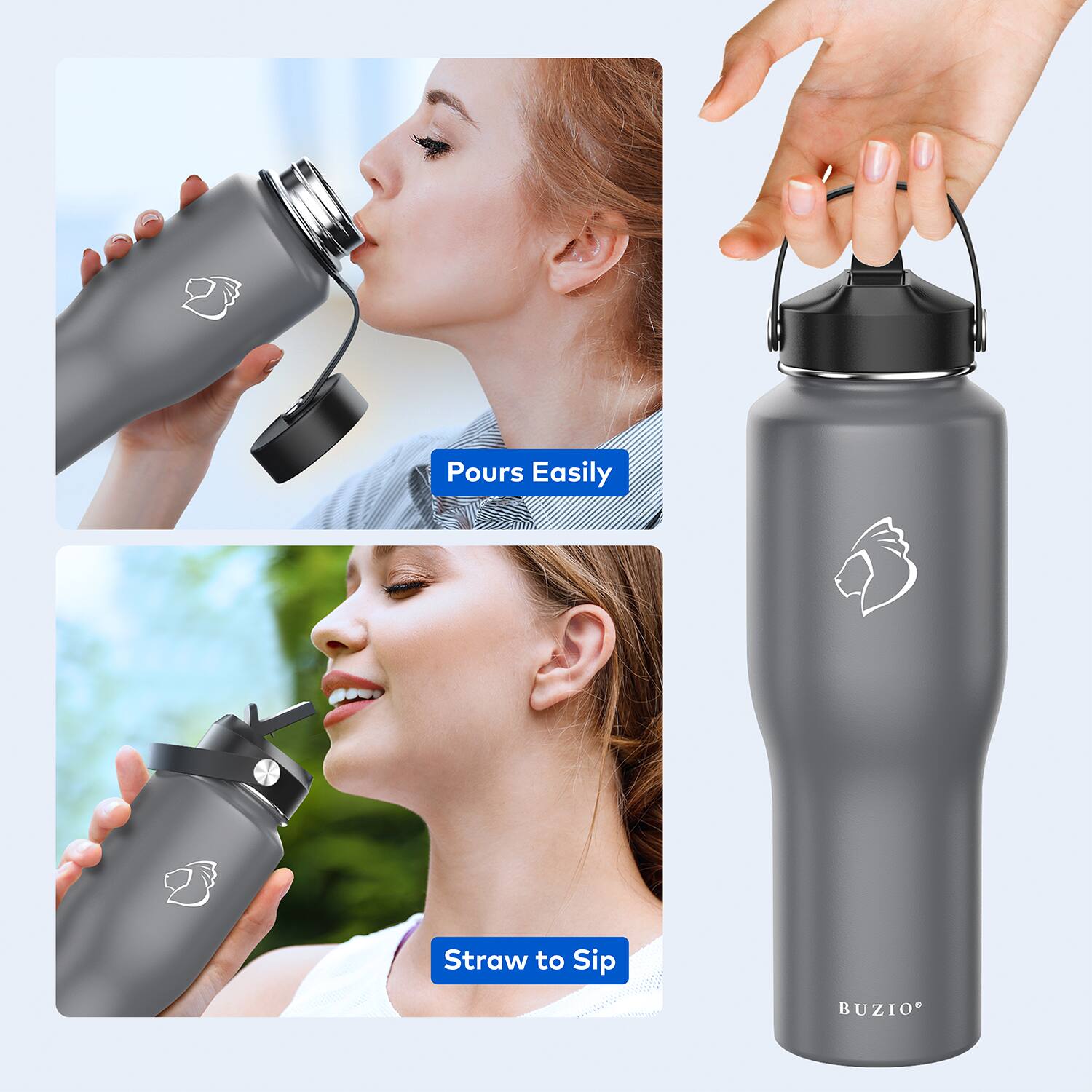 - Pours Easily
- Straw to Sip
- BUZIO