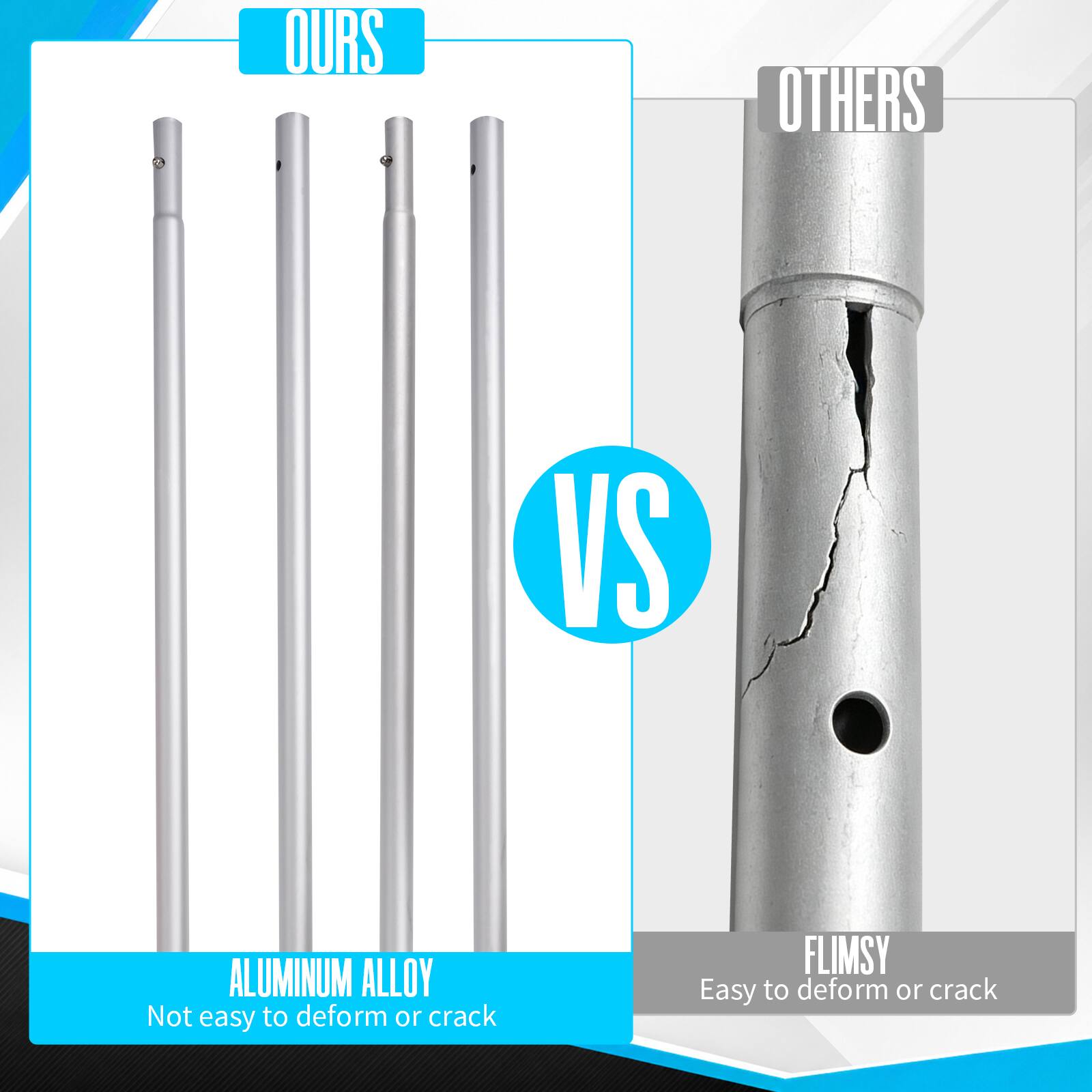 OURS  
OTHERS  
VS  
ALUMINUM ALLOY  
Not easy to deform or crack  
FLIMSY  
Easy to deform or crack