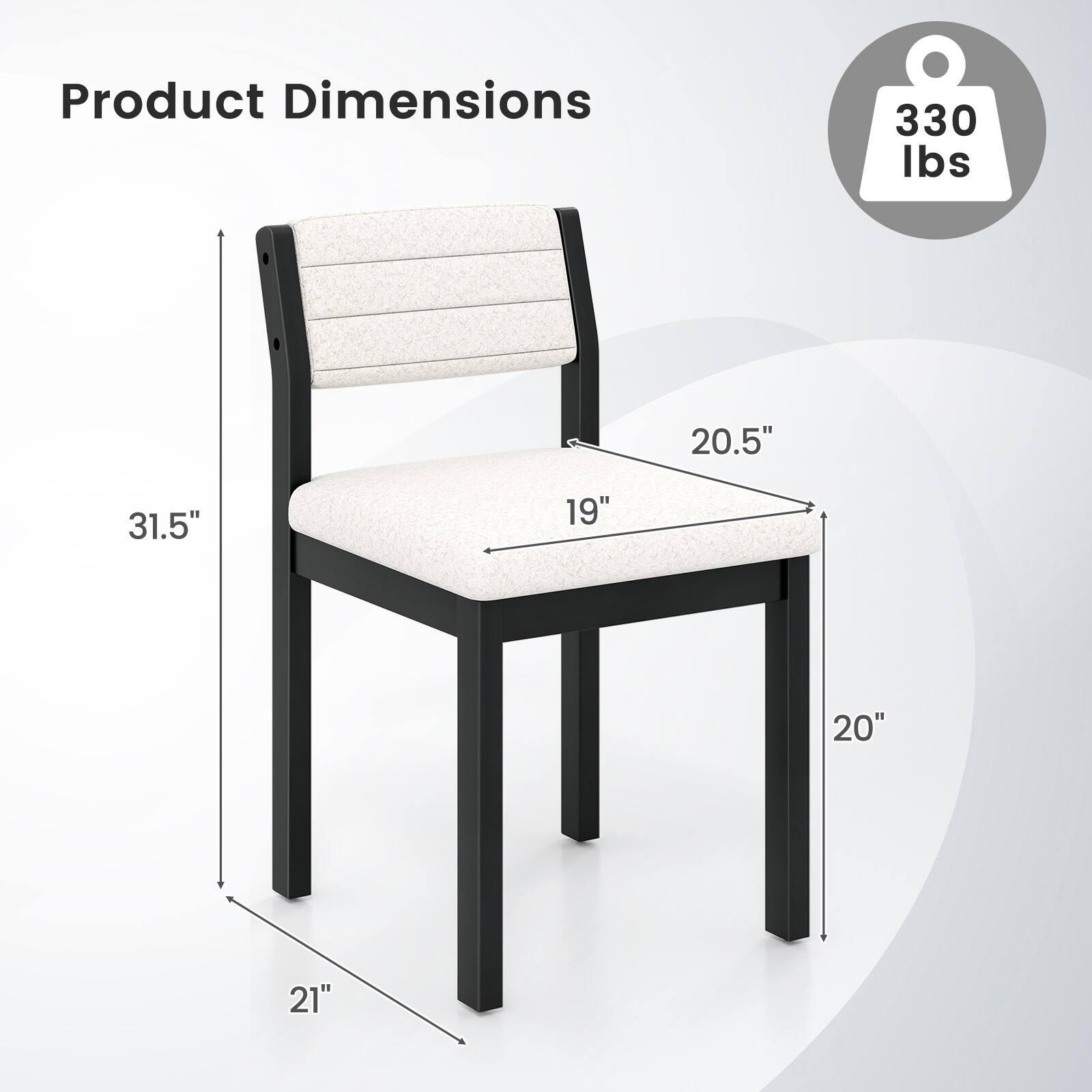 Product Dimensions

- Weight: 330 lbs
- Height: 31.5"
- Width: 20.5"
- Depth: 20"
- Seat Height: 19"
- Seat Depth: 21"