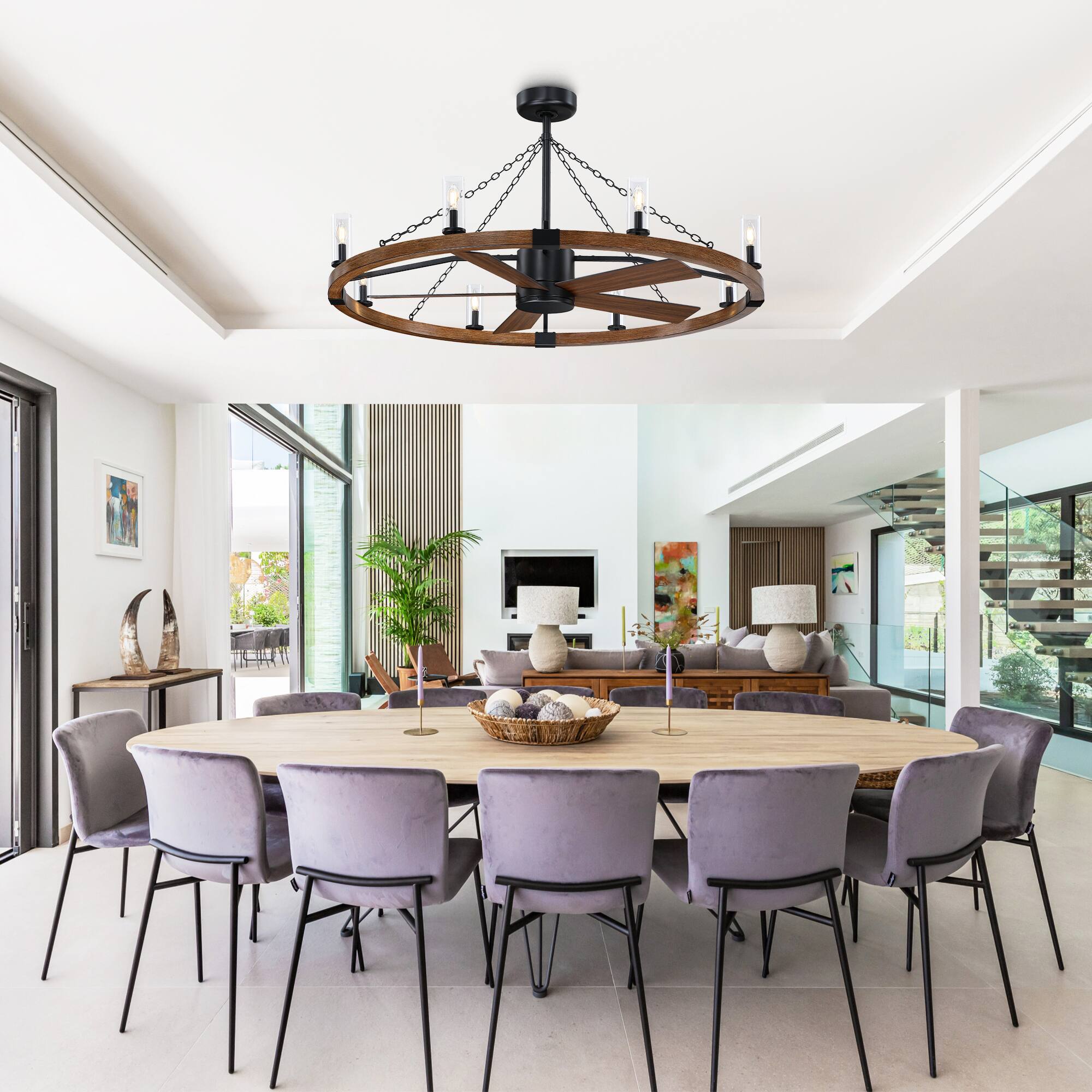 Back. Parrot Uncle - 52" Black Modern Wagon Wheel Chandelier Ceiling Fan with Light and Bubble Acrylic Shade - Black.