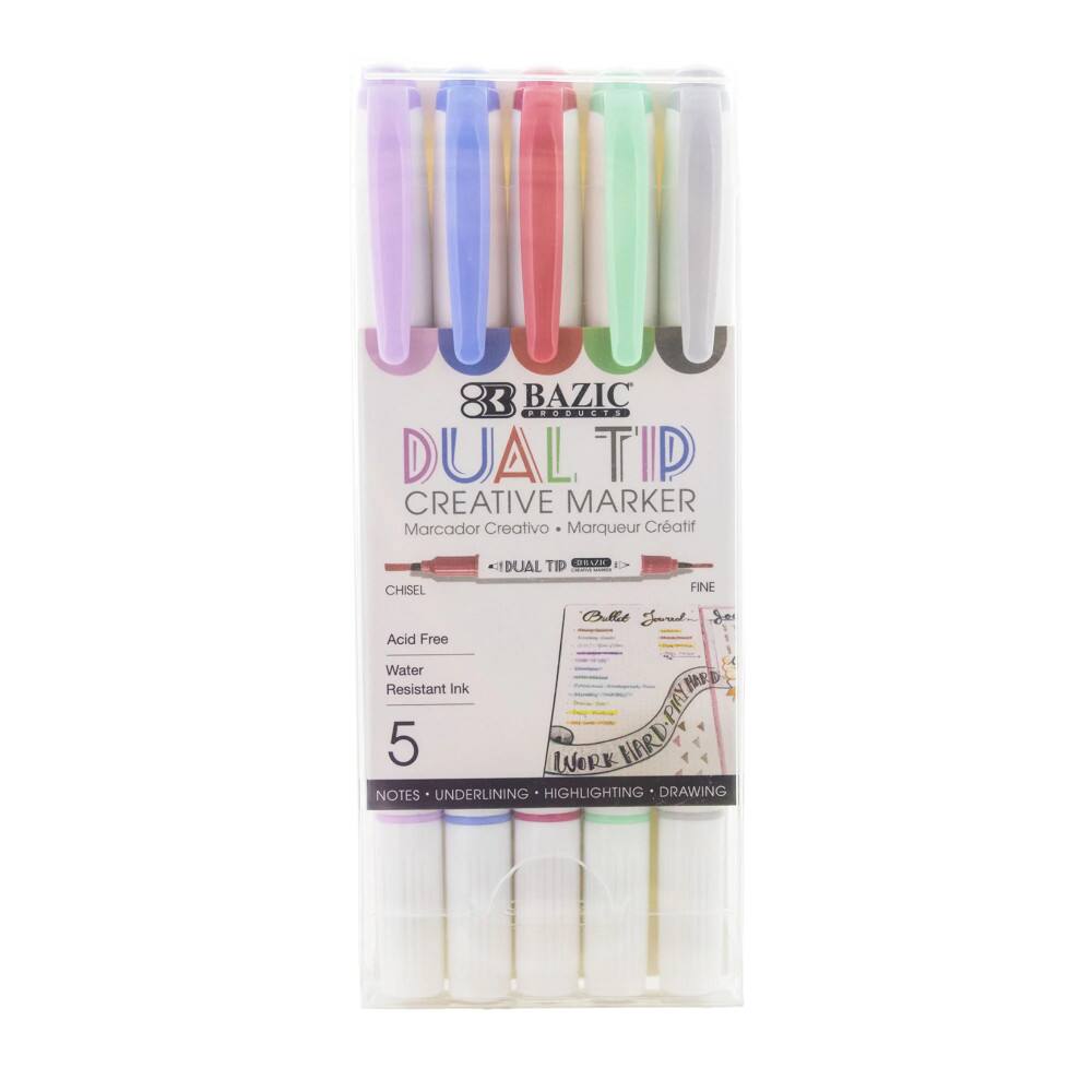 Bazic Dual Tip Creative Marker  
Marcador Creativo Marqueur Créatif  
Dual Tip  
Chisel & Fine  
Acid Free  
Water Resistant Ink  
5 Markers  
Notes • Underlining • Highlighting • Drawing
