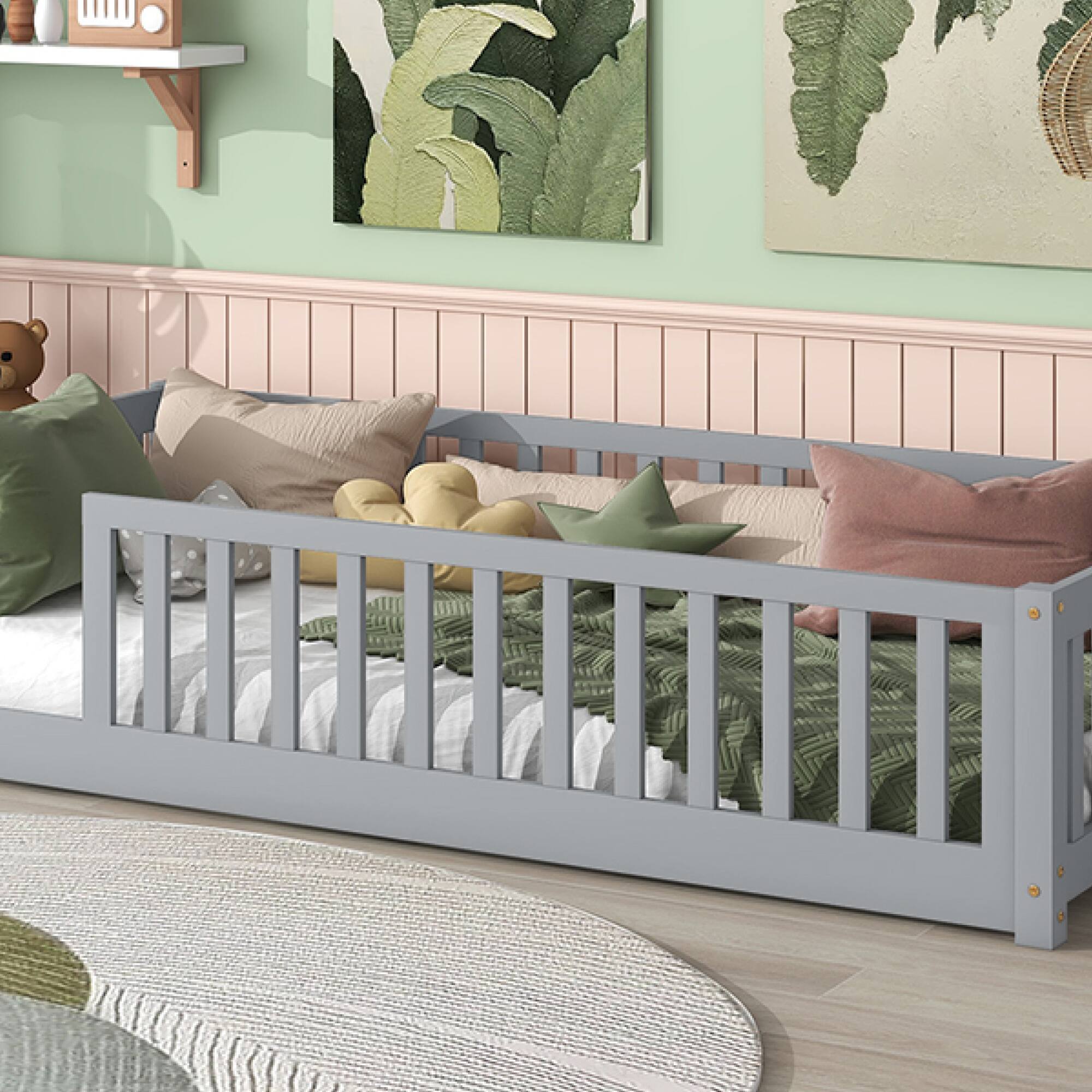 Alt View 4. GOODSILO - Twin Size Low-Profile Youth Bed with Secure Enclosure Frame, Solid Wood Construction, Neutral Finish - Grey.