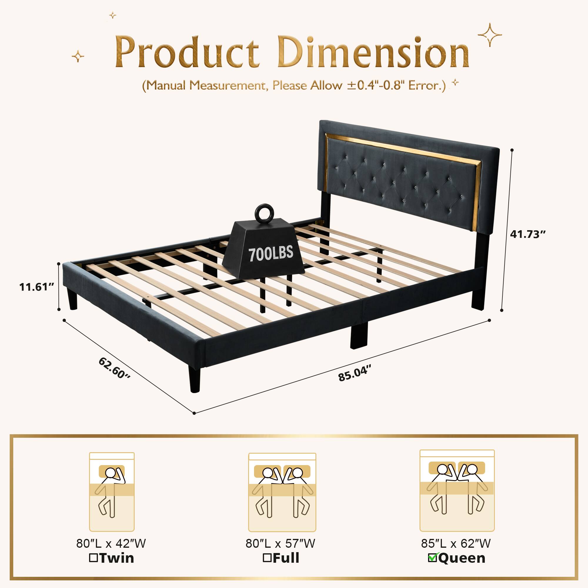 Product Dimension Measurement, Please Allow 0.4"-0.8" + (Manual Error.)  
700LBS  
41.73"  
11.61"  
62.60"  
85.04"  
80"L x 42"W Twin  
80"L x 57"W Full  
85"L x 62"W Queen