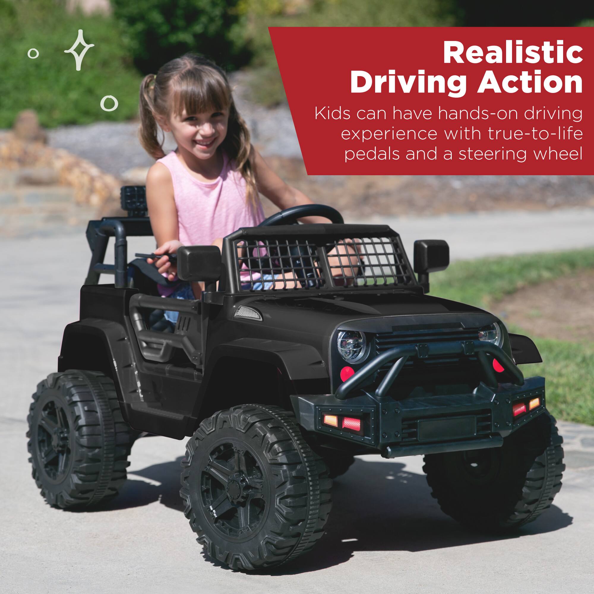 Realistic Driving Action: Kids can have hands-on driving experience with true-to-life pedals and a steering wheel.