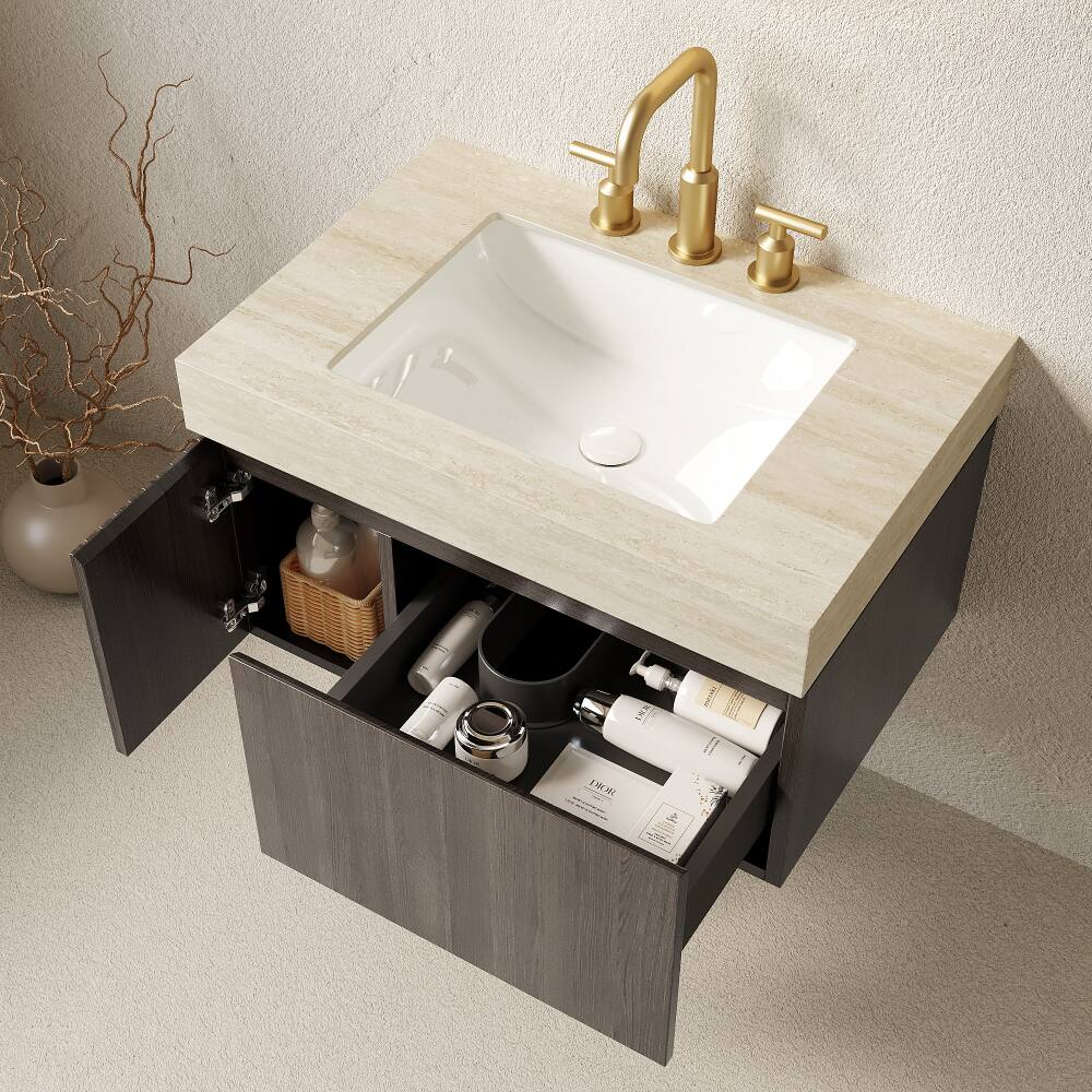 Angle. JUJABU - 30" Floating Bathroom Vanity & Sink, Roma Travertine Sintered Stone Top & Ceramic Basin - Beige.