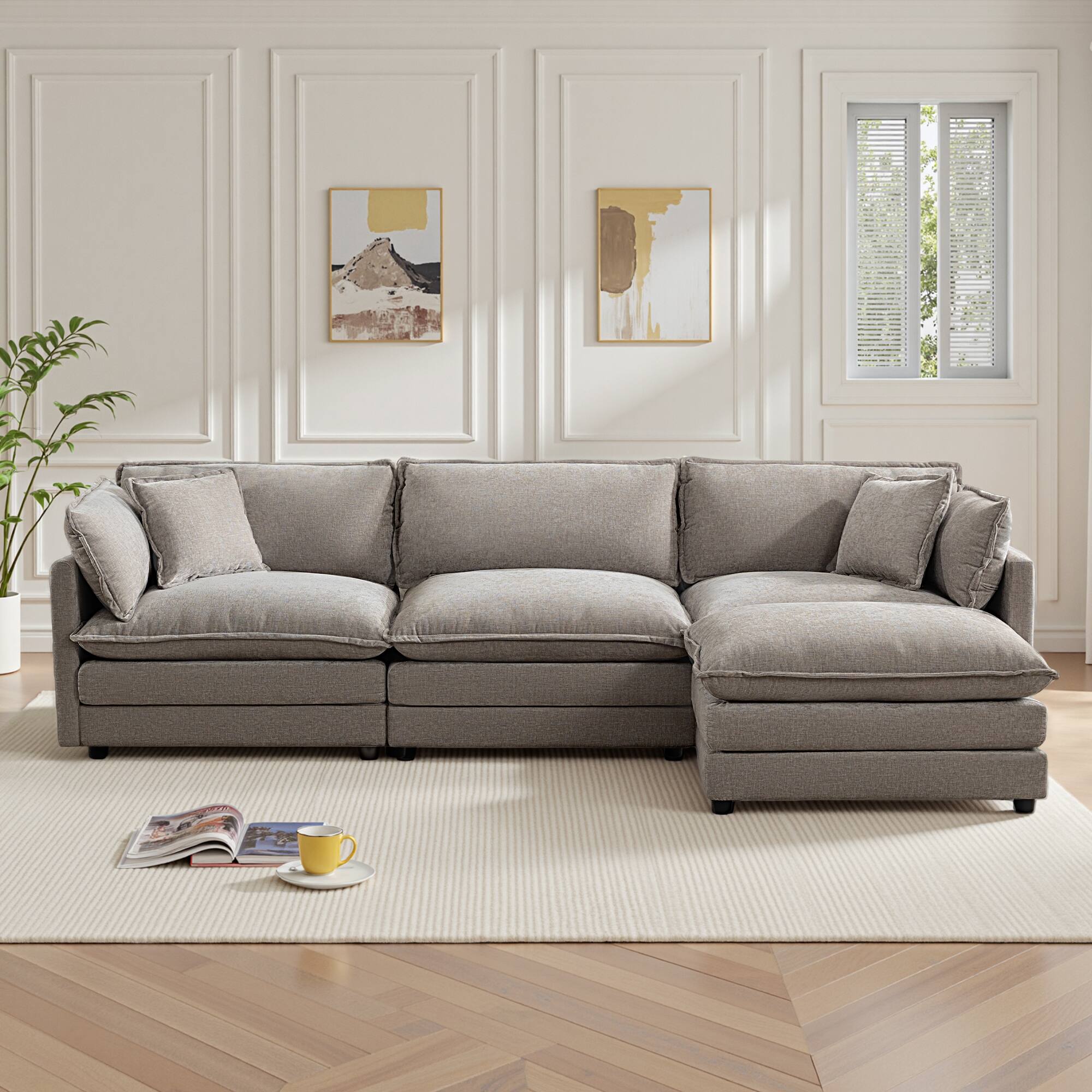 Alt View 6. KERDOM - Deep Seat Sectional 3 Seat Sofa Set with 1 Ottoman Movable & Pillows, Sleeper Sofa Bed Chaise Longue L Shaped Couch - Grey.