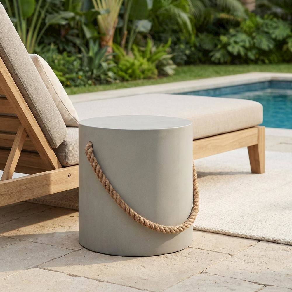 Left. Outdoor Escape - Concrete Side Table With Rope Detail For Indoor And Outdoor Use - Gray.