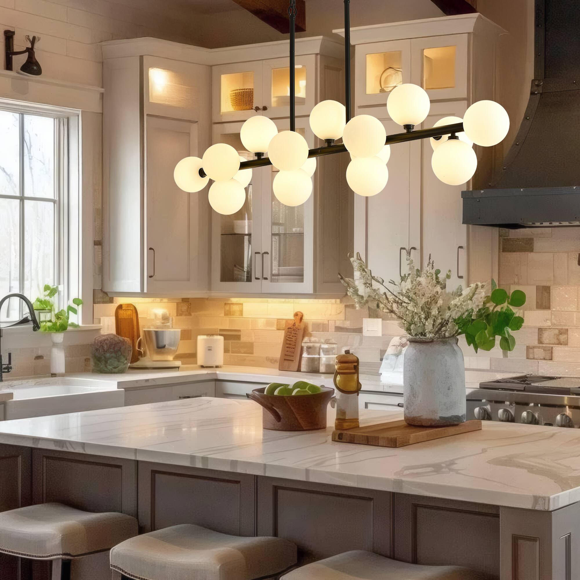 Left. RYHNUYNE - 55 Inch Modern Sputnik Chandelier 16-Light Linear Pendant, Cream Glass Shades Adjustable Kitchen Island Lighting.