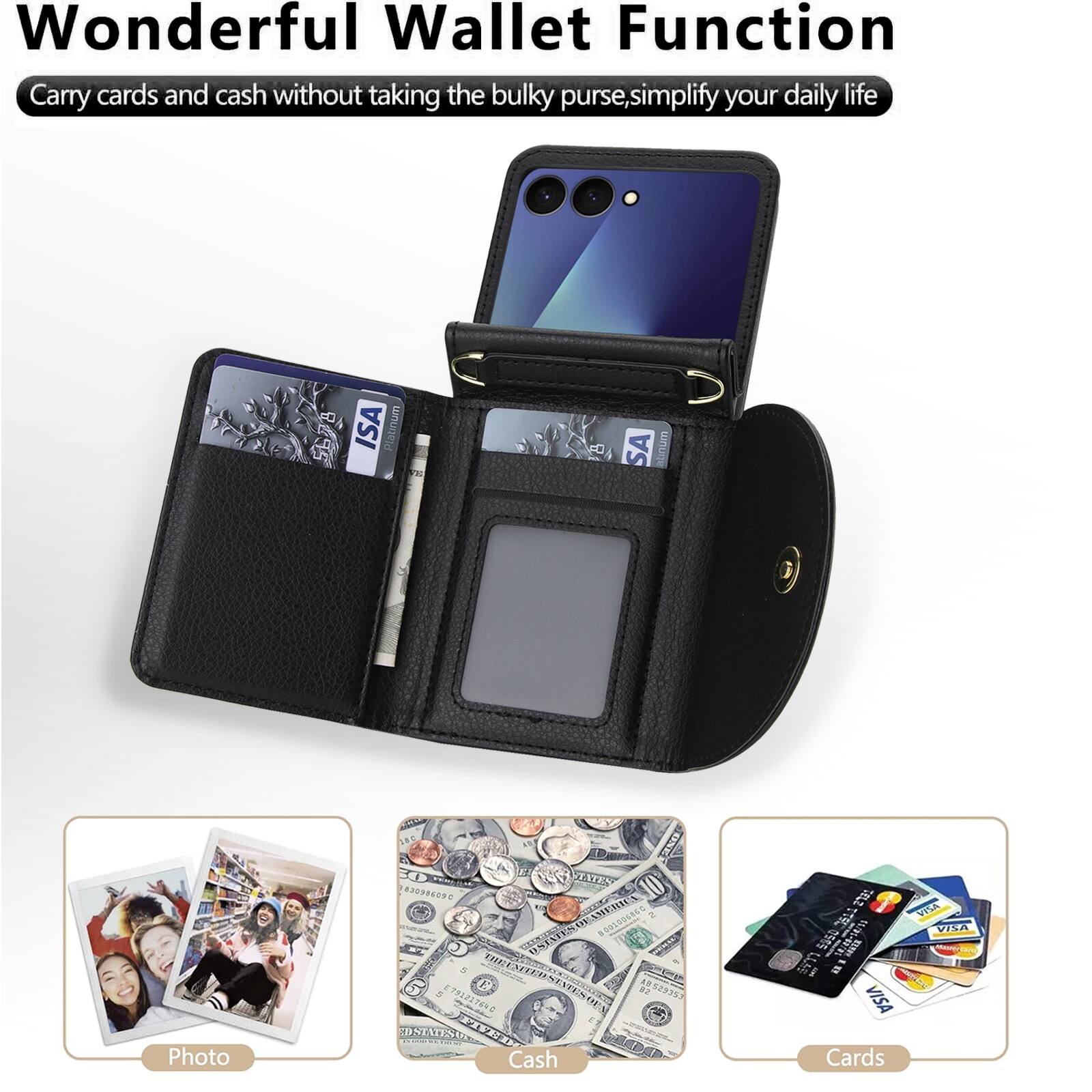 Wonderful Wallet Function  
Carry cards and cash without taking the bulky purse, simplify your daily life  

ISA Platinum  
SA abnum  
Photo ONE TATE 0890 OL ME O ATEN CR a TIESX P O 2 CHCEEBRA DPSTESER STATES TXV 2 Cash 2ha1 050s I LLS In VISA Cards VISA VINA