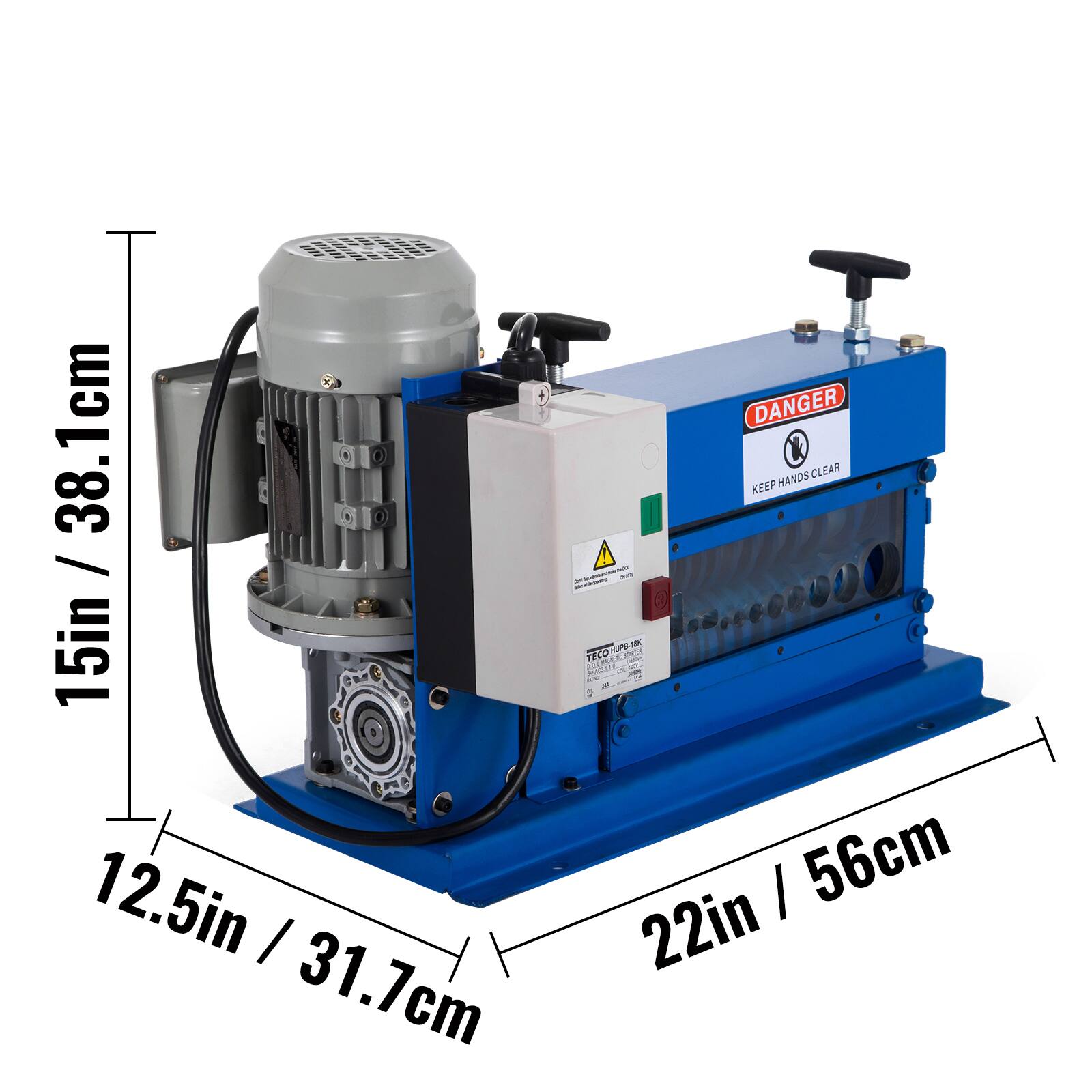 38.1cm / 15in  
12.5in / 31.7cm  
22in / 56cm  
DANGER  
KEEP HANDS CLEAR
