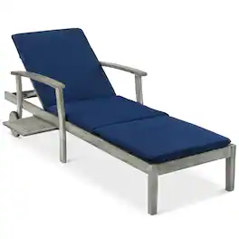 Best Choice Products - 79x26in Acacia Wood Outdoor Chaise Lounge Chair w/ Adjustable Backrest, Table, Wheels - Gray/Navy