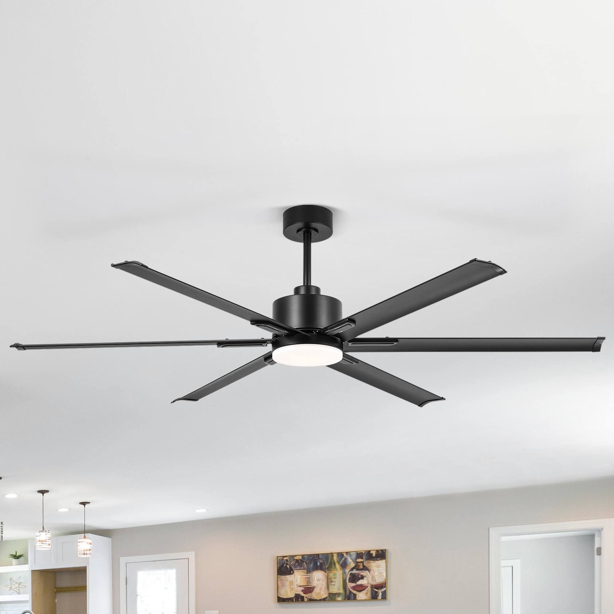 Left. Breezary - 72-Inch Ceiling Fan with LED Light, DC Motor, 6 Aluminum Blades, Remote Control, 6 Speeds, Downrod Mount - Matte Black.