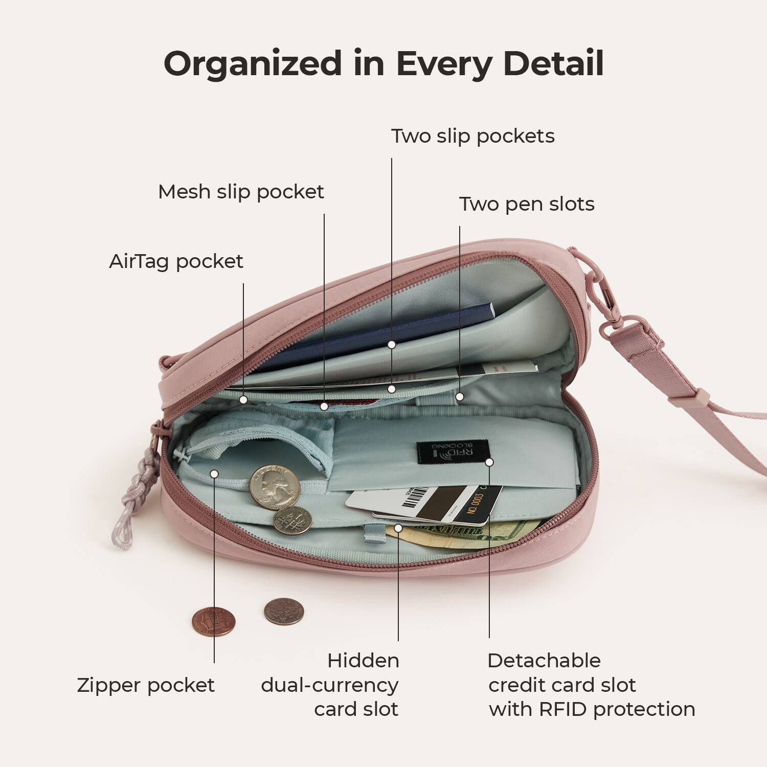 Organized in Every Detail

- Two slip pockets
- Mesh slip pocket
- Two pen slots
- AirTag pocket
- Hidden Zipper pocket dual-currency card slot
- Detachable credit card slot with RFID protection