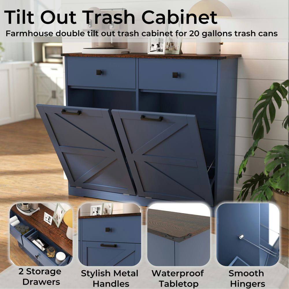 Tilt Out Trash Cabinet  
Farmhouse double tilt out trash cabinet for 20 gallons trash cans  

- 2 Storage Drawers  
- Stylish Metal Handles  
- Waterproof Tabletop  
- Smooth Hinges