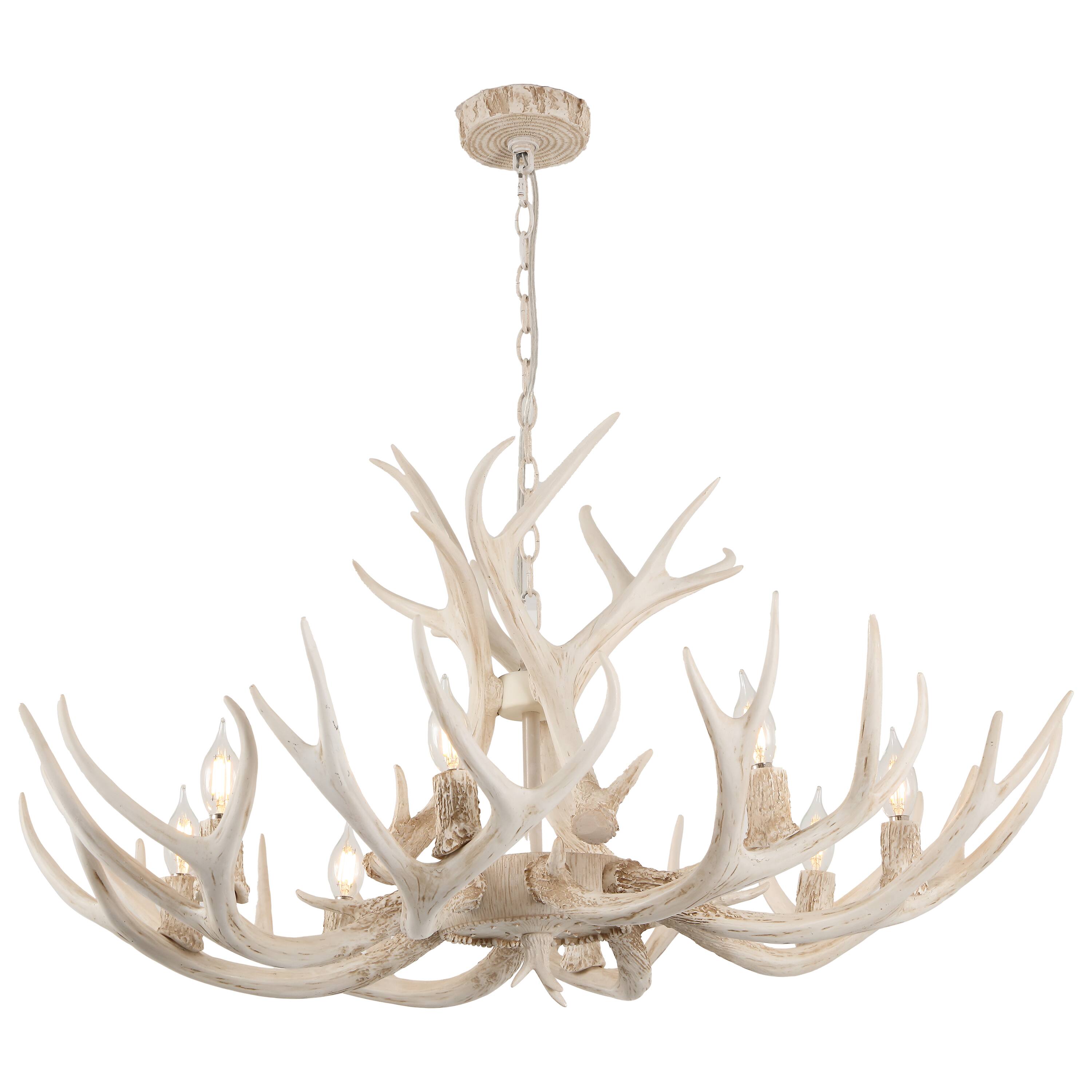 Jonathan Y - Eldora 36" 8-Light Rustic Farmhouse Adjustable Resin Antler LED Chandelier - Beige