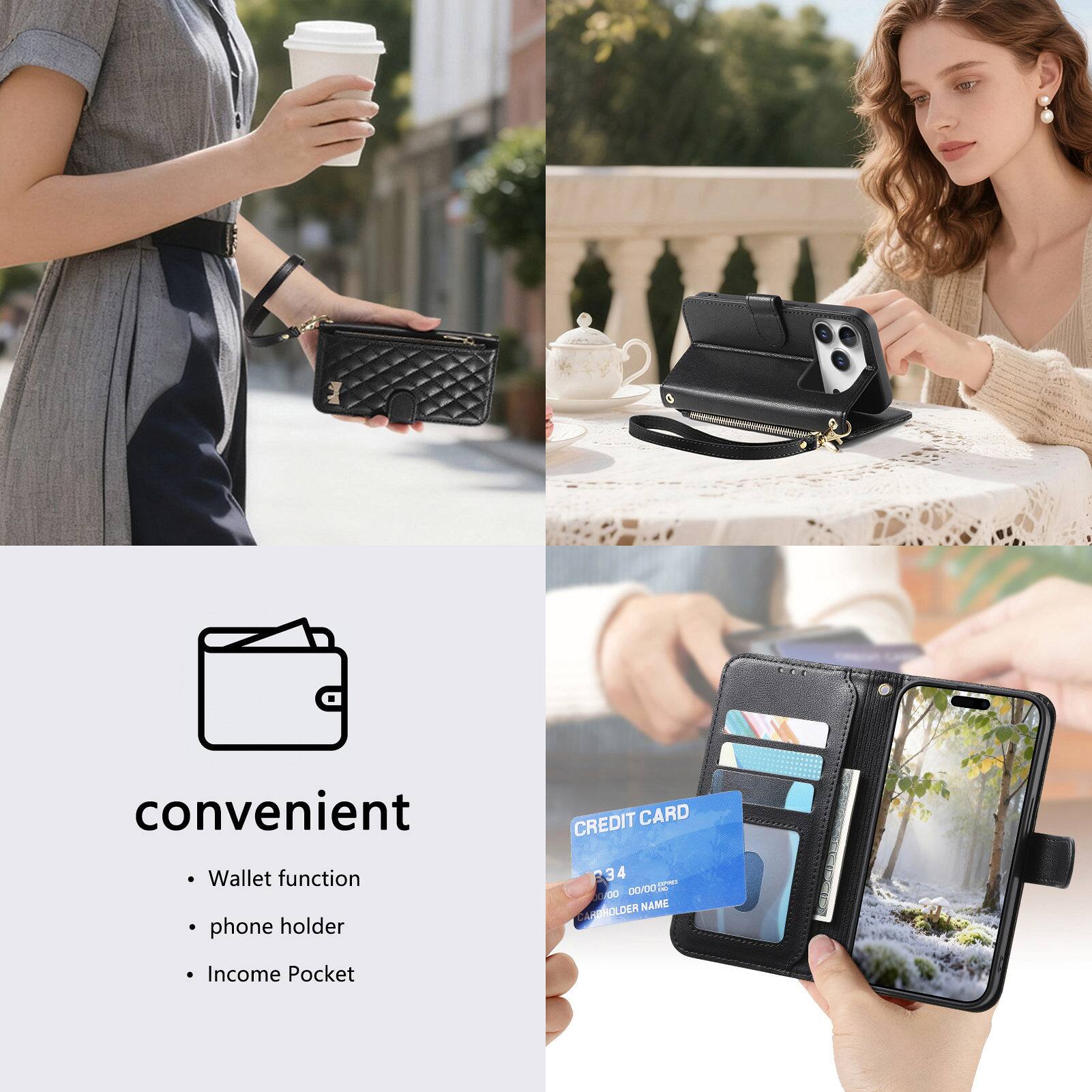 convenient  
- Wallet function  
- phone holder  
- Income Pocket  

CREDIT CARD  
1234 5678 9012 3456  
VALID THRU 00/00  
CARDHOLDER NAME