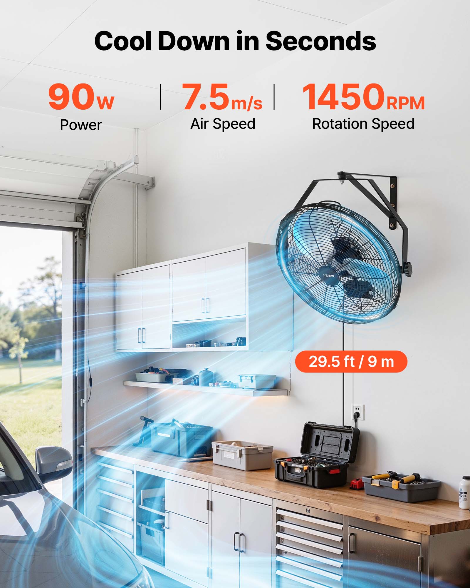 Cool Down in Seconds

90w Power

7.5 m/s Air Speed

1450 RPM Rotation Speed

29.5 ft / 9 m
