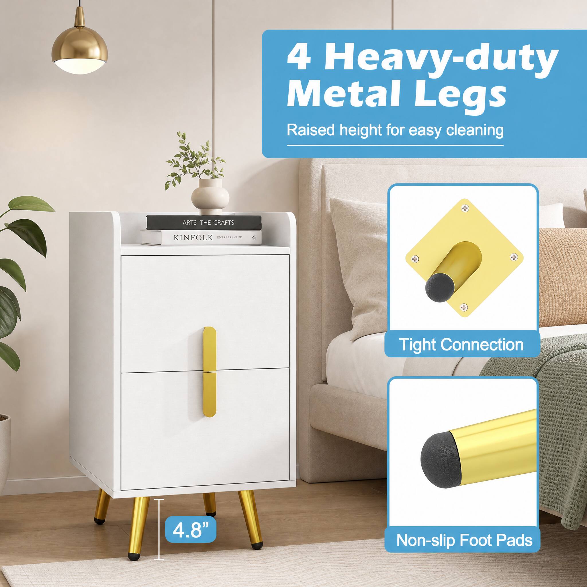 4 Heavy-duty Metal Legs Raised height for easy cleaning

ARTS THE CRAFTS
KINFOLK ESTREPHOMER

Tight Connection

4.8"

Non-slip Foot Pads