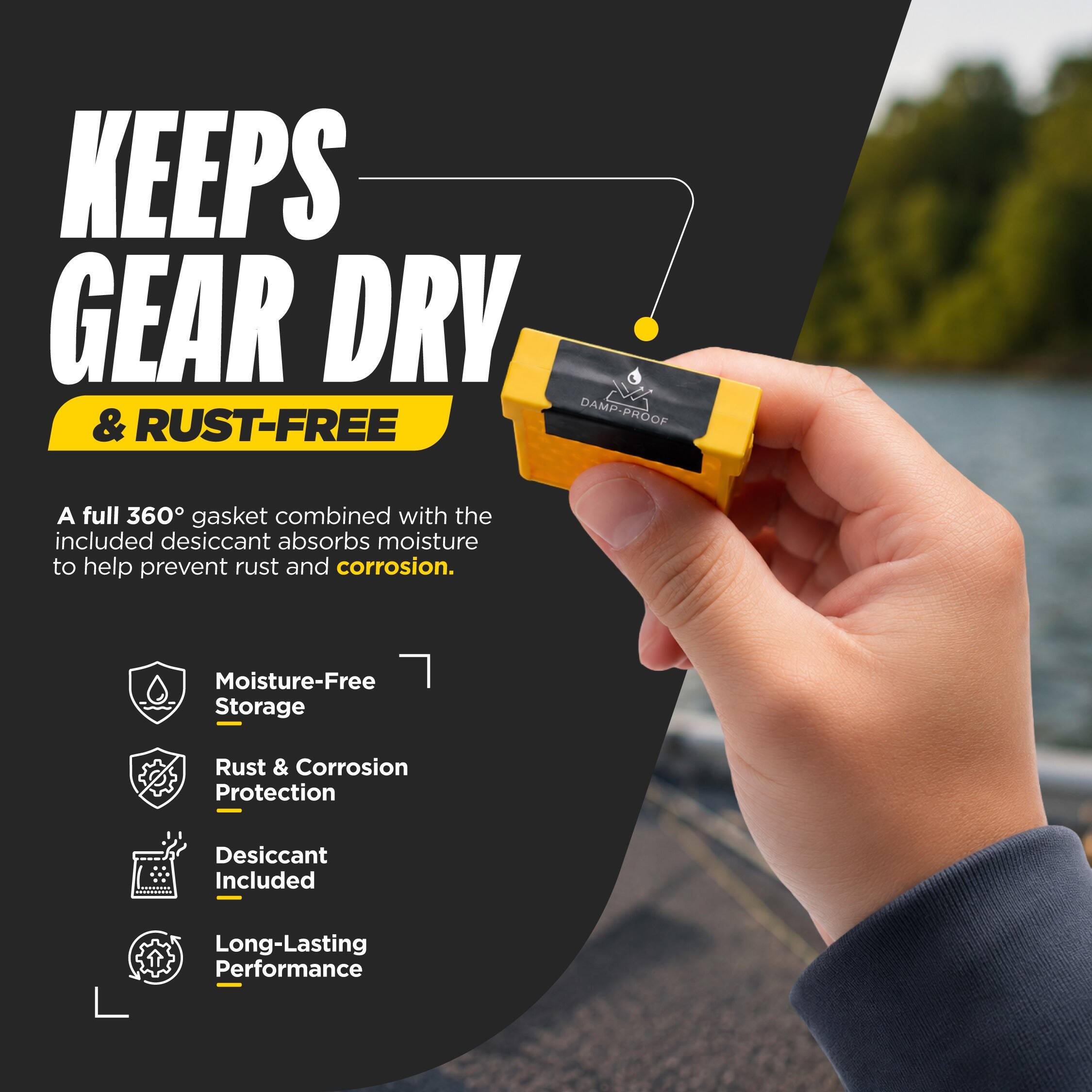 KEEPS GEAR DRY & RUST-FREE DAMP-PROOF

A full 360° gasket combined with the included desiccant absorbs moisture to help prevent rust and corrosion.

Moisture-Free Storage
Rust & Corrosion Protection
Desiccant Included
Long-Lasting Performance