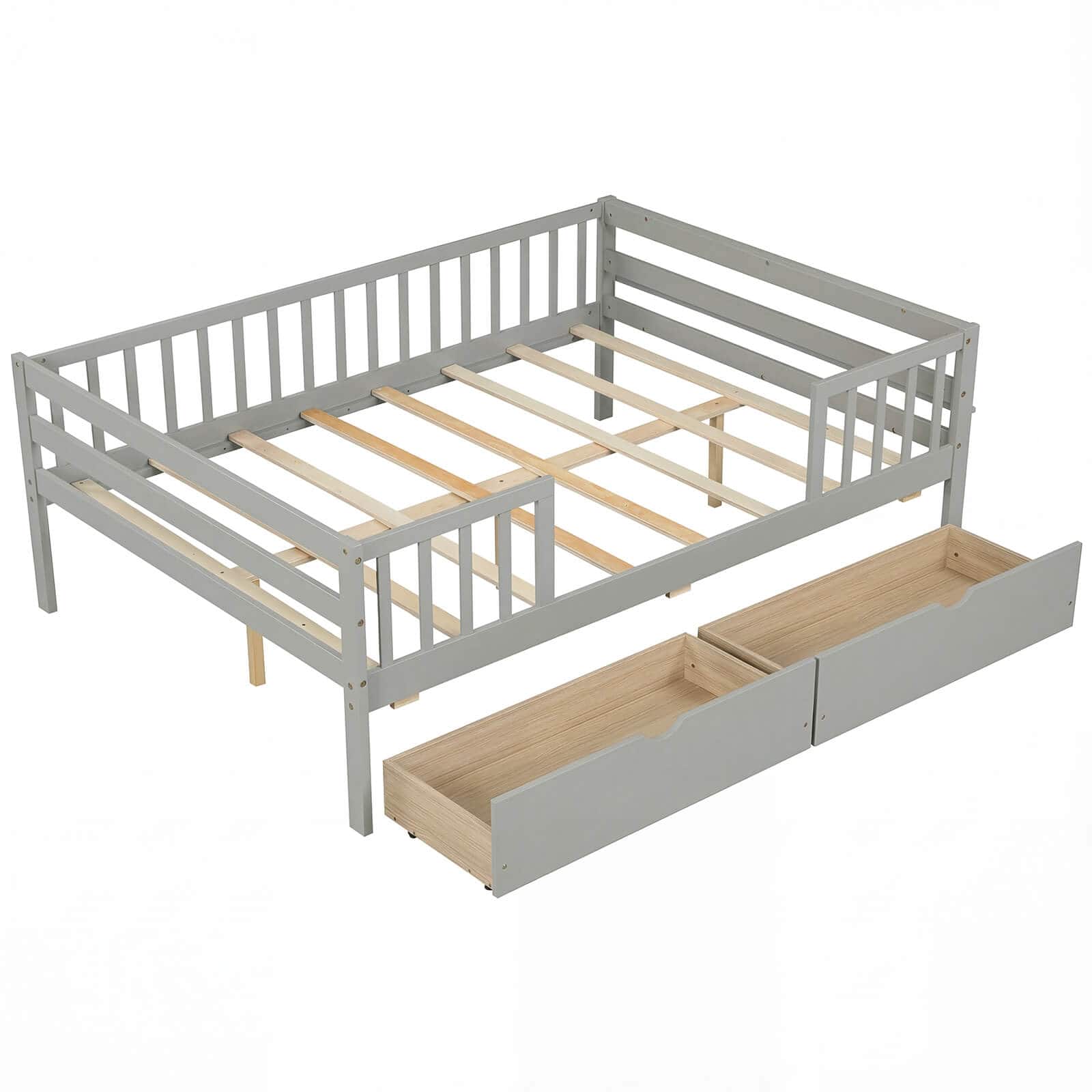 Front. Costway - Costway Full Size Daybed with Fence and 2 Drawers,Railings & Slats Support, Bed Frame - Gray.