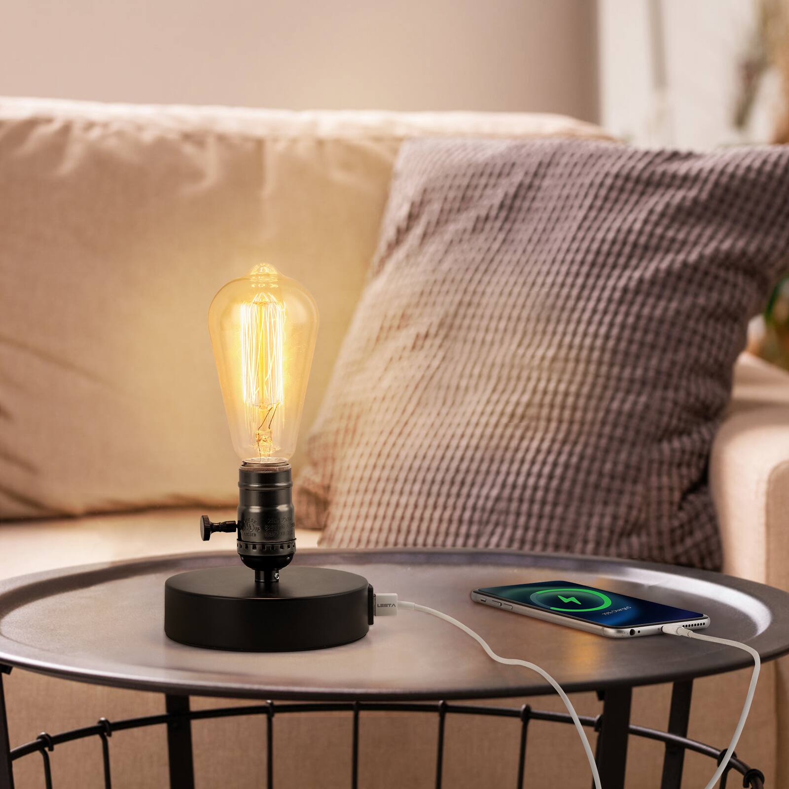 Alt View 1. Oumilen - Vintage Edison Table Lamp with USB Ports – Industrial Metal Desk Lamp with Rotary Switch.