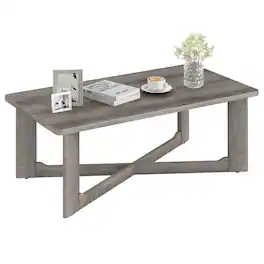 Gymax - Coffee Table Solid Rubber Wood Center Table w/ X-Shaped Base for Living Room - Gray