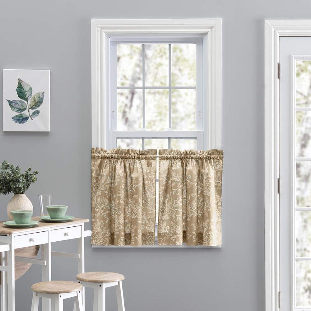 Ellis Curtain - Lexington Leaf Pattern on Colored Ground Curtain Tiers 56"x36" - Tan