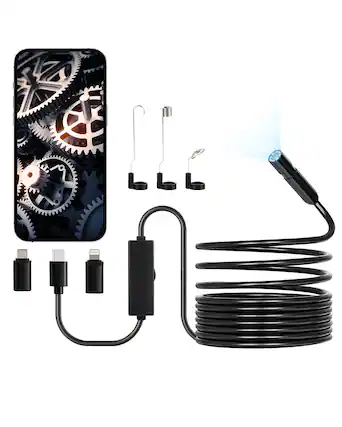 Front. VEVOR - Endoscope Camera with Light, 1920P HD Borescope for Android & IOS, 8 LED Lights Inspection Camera with 16.4FT Semi-Rigid - Black.