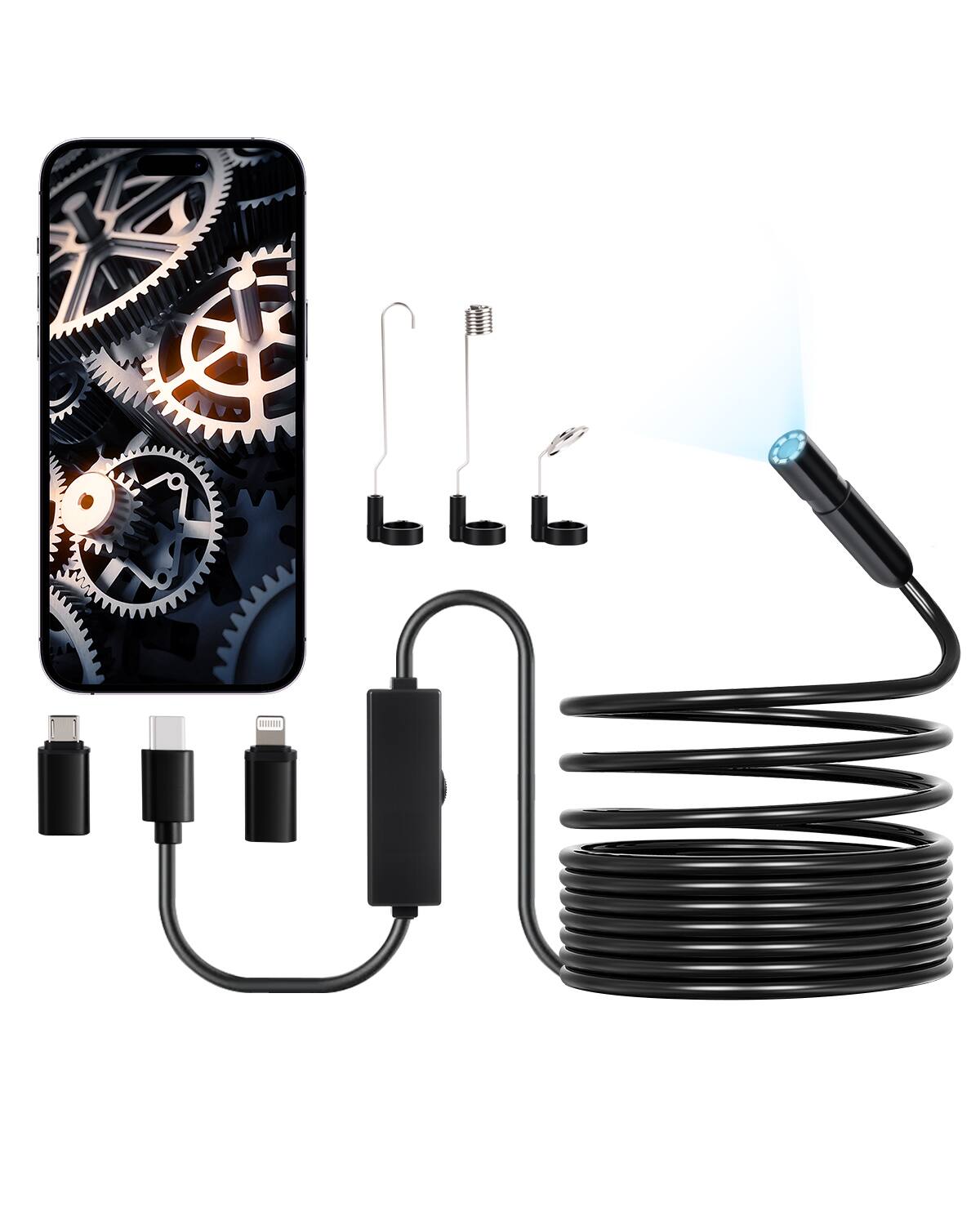 Front. VEVOR - Endoscope Camera with Light, 1920P HD Borescope for Android & IOS, 8 LED Lights Inspection Camera with 16.4FT Semi-Rigid - Black.
