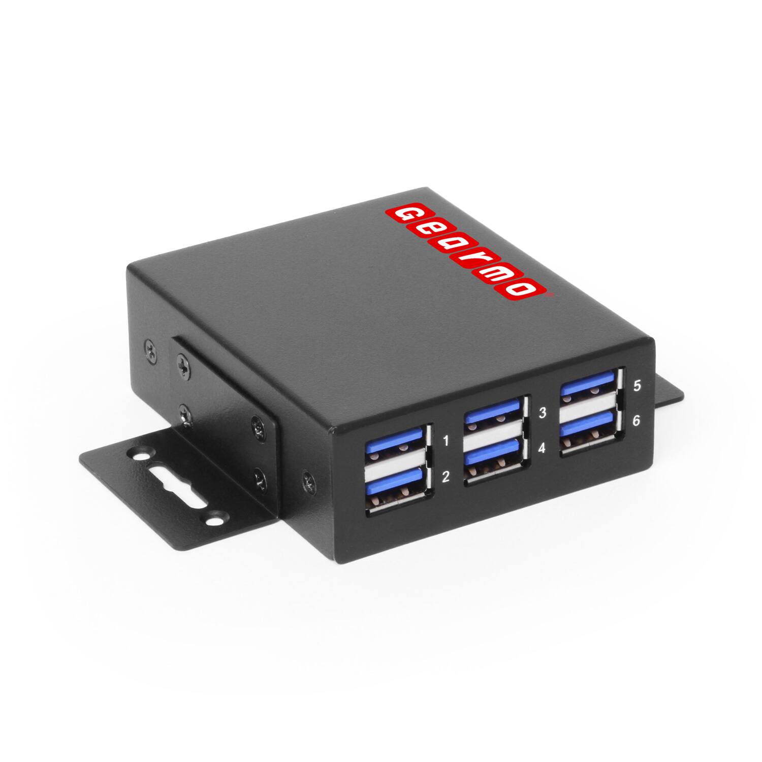 Front. Gearmo - 6-Port USB Type-A Hub - Front Facing Ports - 5 Gbps Data - Surge Protection - Surface & DIN Rail Mounting - Black.
