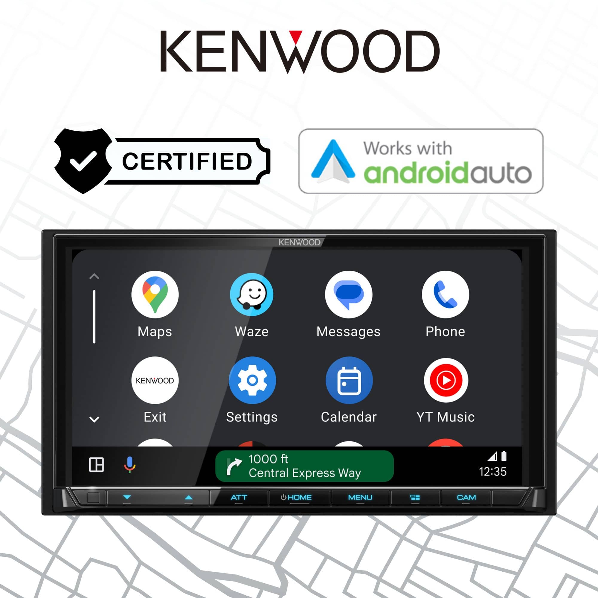 KENWOOD is a certified product that works with androidauto. It offers various features such as maps, Waze, Messages, Phone, Exit Settings, Calendar, and TY Music. The product is designed to provide a 1000 ft Central Express Way experience and is available at 12:35. The image also includes an AT&T home menu and a CAM feature.