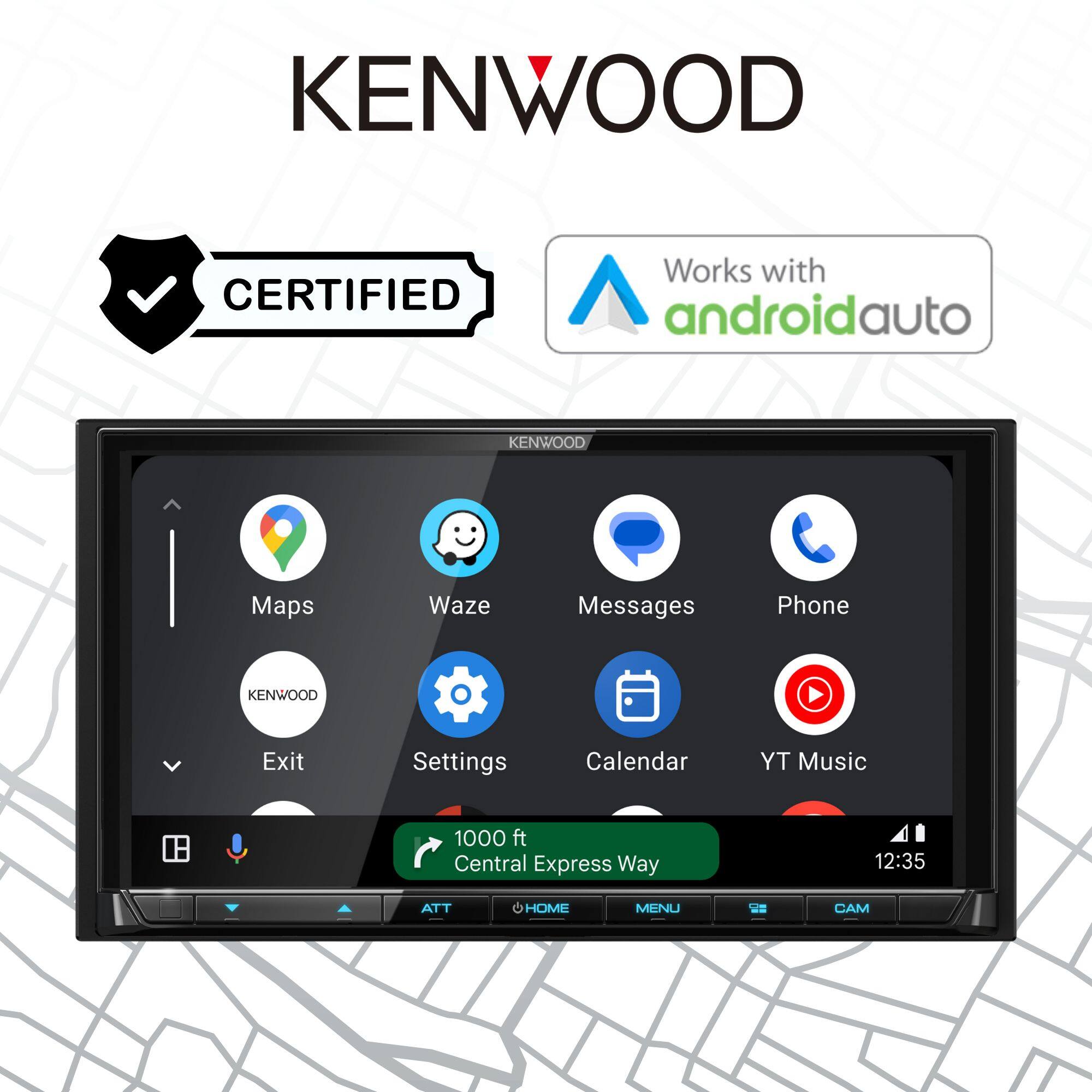 KENWOOD is a certified product that works with androidauto. It offers various features such as maps, Waze, Messages, Phone, Exit Settings, Calendar, and TY Music. The product is designed to provide a 1000 ft Central Express Way experience and is available at 12:35. The image also includes an AT&T home menu and a CAM feature.