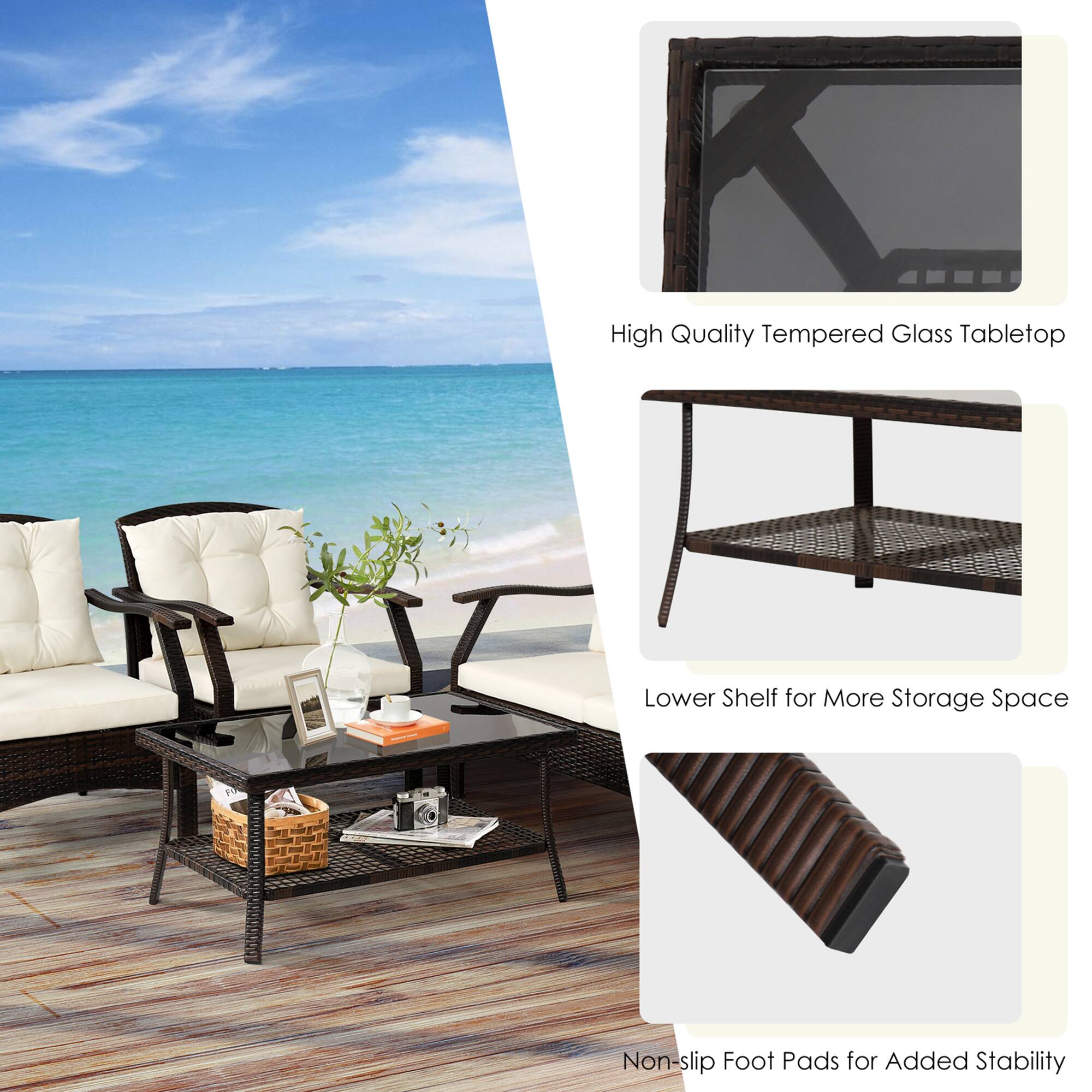 High Quality Tempered Glass Tabletop, Lower Shelf for More Storage Space, Non-slip Foot Pads for Added Stability