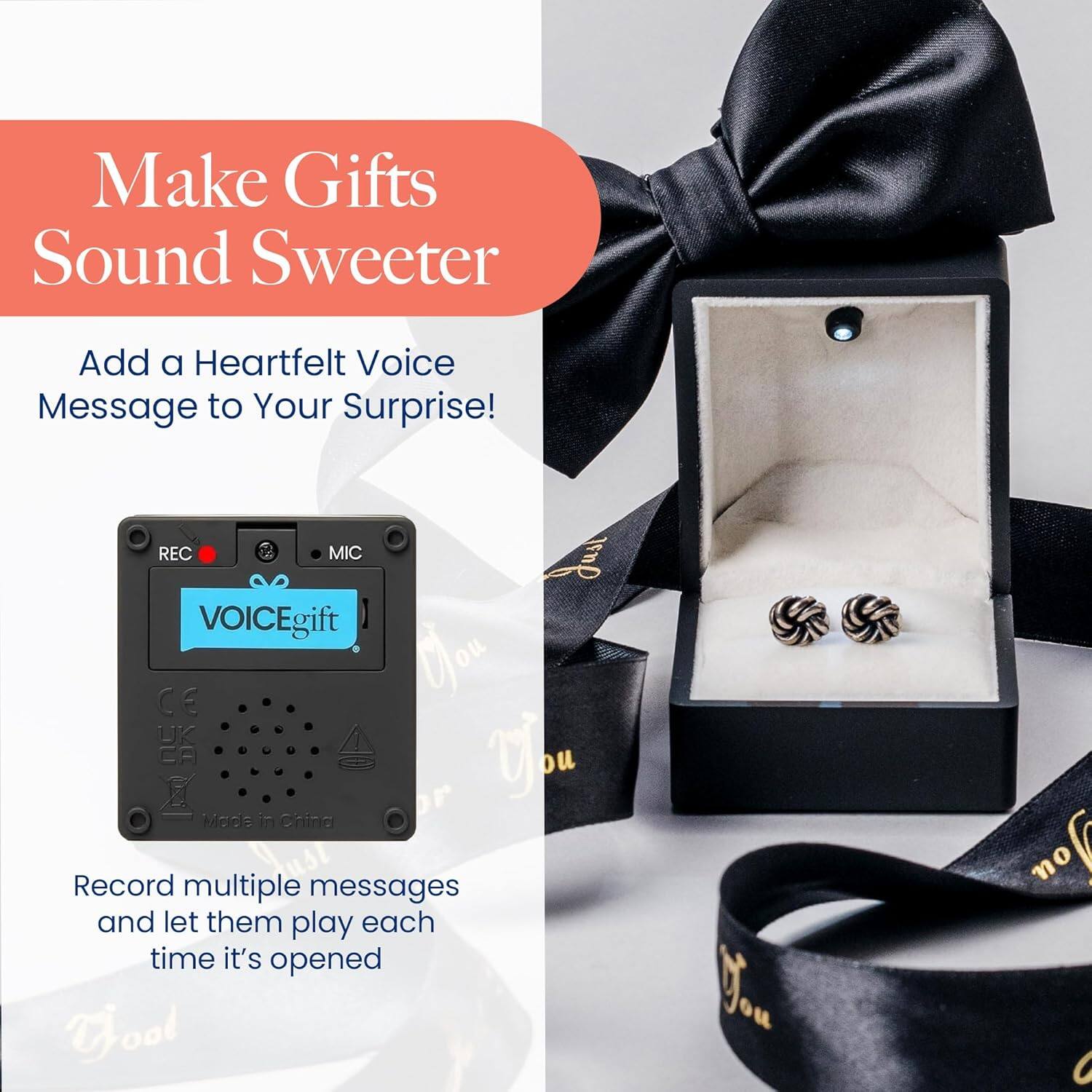 Make Gifts Sound Sweeter  
Add a Heartfelt Voice Message to Your Surprise!  

Record multiple messages and let them play each time it's opened  

VOICEgift  
CE  
UK CA  
Made in China