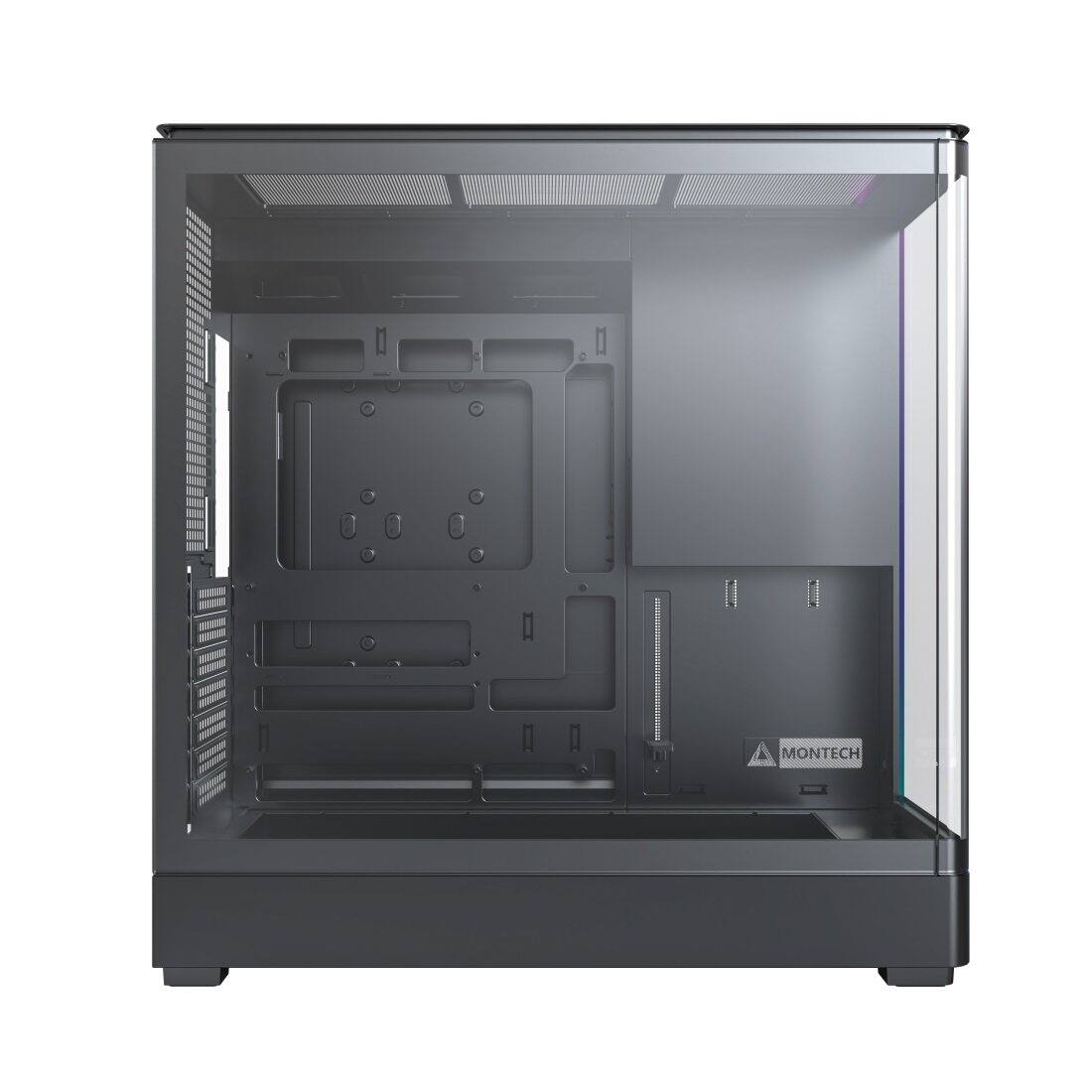 Left. Montech - KING 45 KING45B ATX PC Case, Curved Panoramic Glass, Chimney Airflow, 360mm Radiator Support - Black.