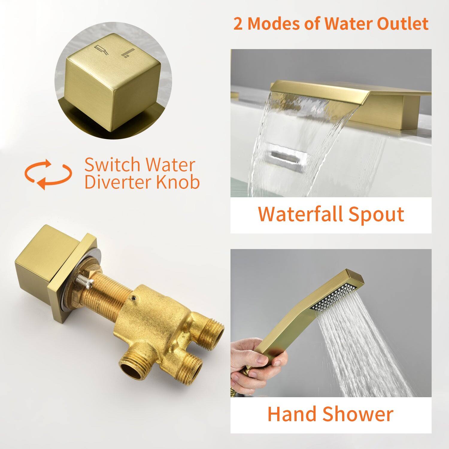 2 Modes of Water Outlet

- Switch Water Diverter Knob
- Waterfall Spout
- Hand Shower