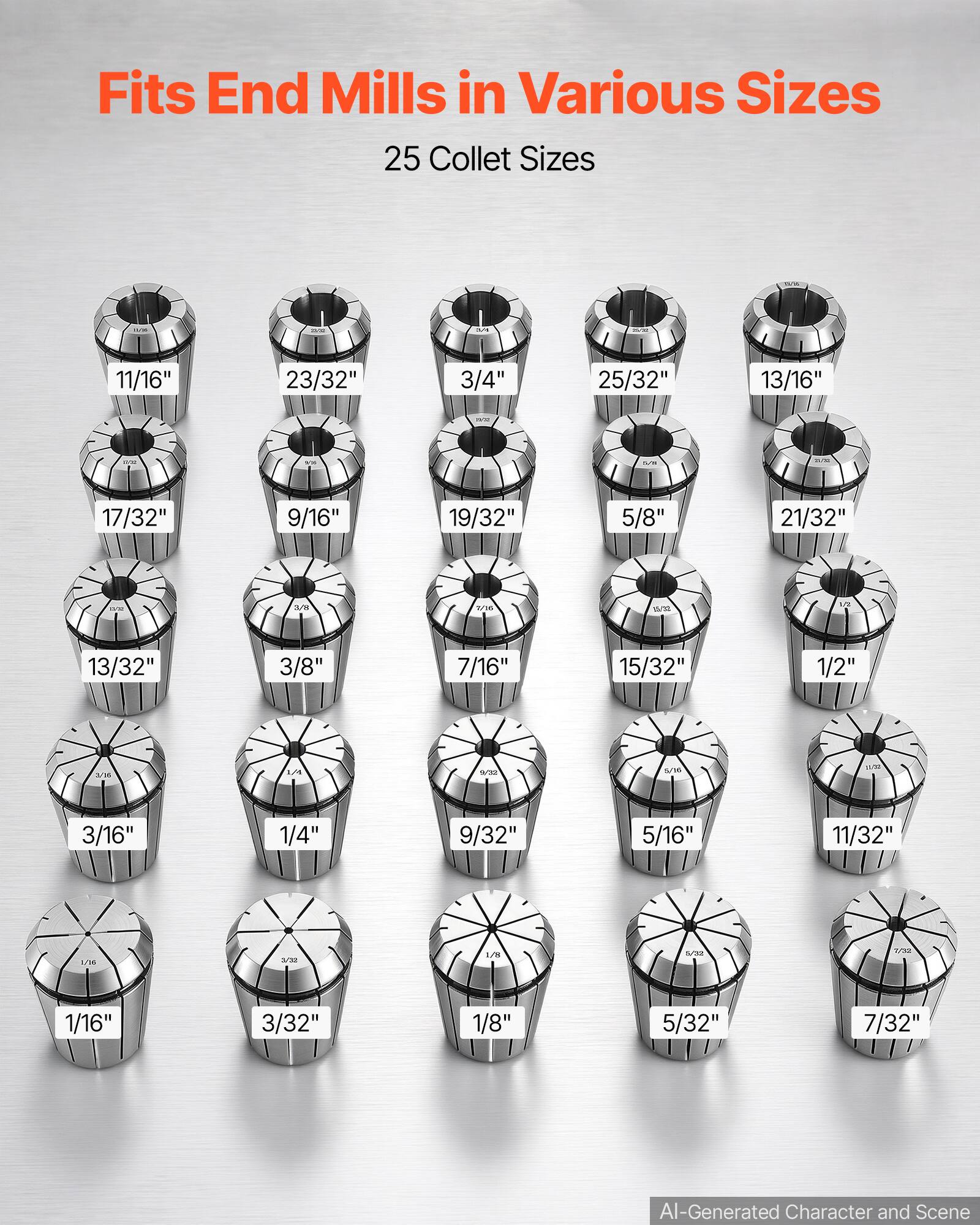 Fits End Mills in Various Sizes  
25 Collet Sizes

11/16"  
23/32"  
3/4"  
25/32"  
13/16"  
17/32"  
9/16"  
19/32"  
5/8"  
21/32"  
13/32"  
3/8"  
7/16"  
15/32"  
1/2"  
3/16"  
5/32"  
5/16"  
3/16"  
1/4"  
9/32"  
5/16"  
11/32"  
1/36  
3/32"  
1/8"  
5/32"  
7/32"