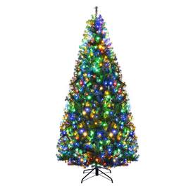 Gymax - 7FT Pre-Lit Christmas Tree Hinged Artificial Tree w/ Metal Stand LED Lights - Green