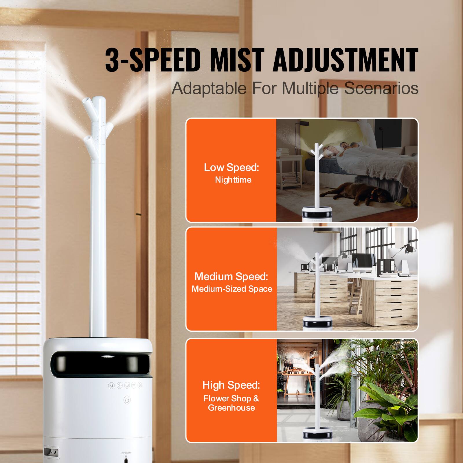 3-SPEED MIST ADJUSTMENT
Adaptable For Multiple Scenarios
Low Speed:
Nighttime
Medium Speed:
Medium-Sized Space
High Speed:
Flower Shop & Greenhouse