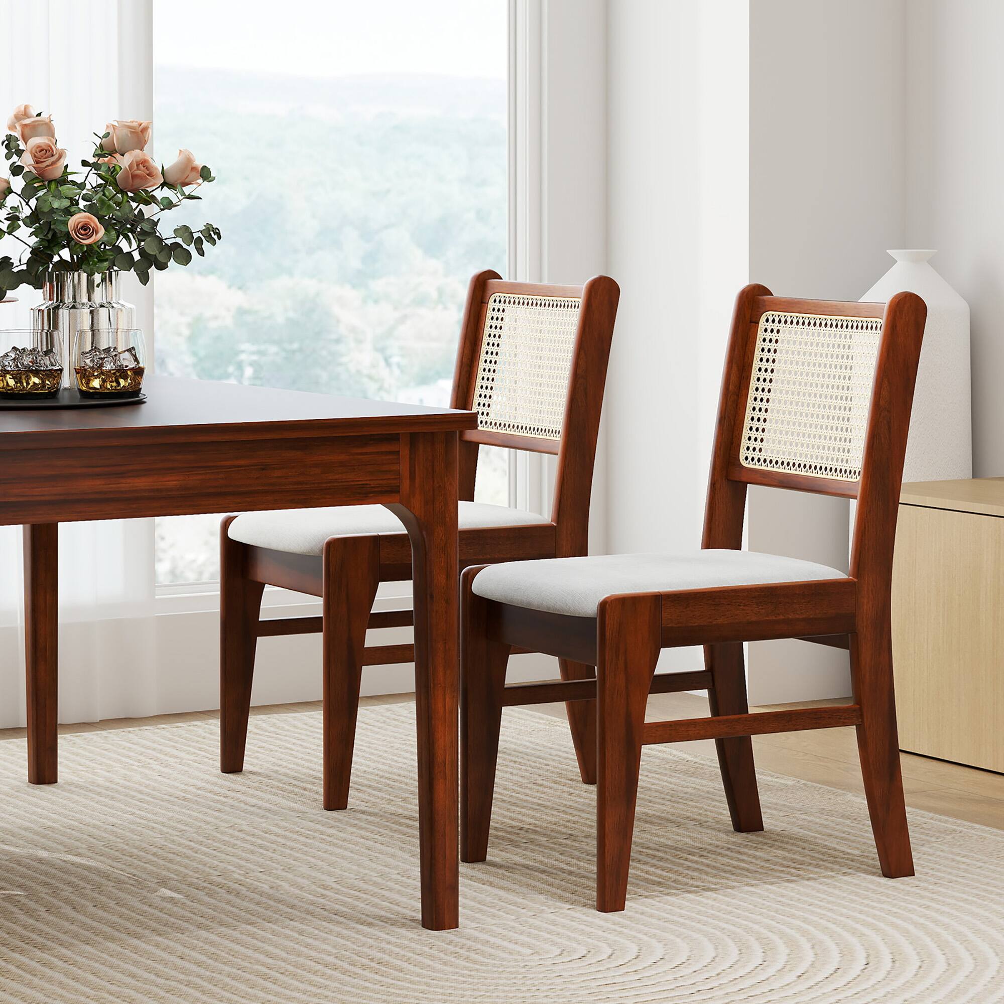 Alt View 4. Gymax - Gymax 4PCS Rattan Dining Chairs Upholstered Kitchen Chairs w/ Rubber Wood Frame - Brown, Natural.