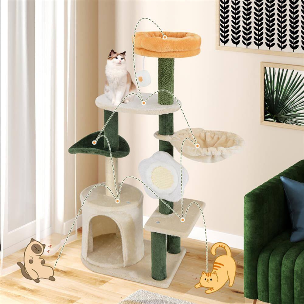 Back. Kadyn - Cat Scratching Tower,Cat Tree, Cute Flower Cat Tree Modern Kitty Tower with Plush Top Perch-Multicolor - Beige.