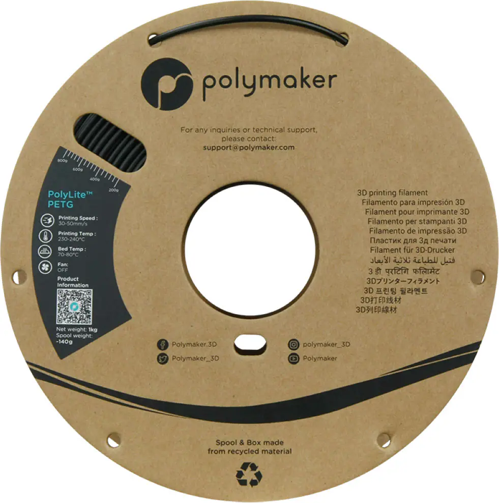 Polymaker is a company that specializes in 3D printing filament. They offer various types of filament for 3D printing, such as PETG, which is known for its high printing speed and temperature resistance. The filament is designed for use with 3D printers and is available in different spool weights, including 1kg and -140g options. The company also emphasizes that their spools and boxes are made from recycled materials, making them environmentally friendly. For any inquiries or technical support, customers can contact the company at [support@polymaker.com](mailto:support@polymaker.com).