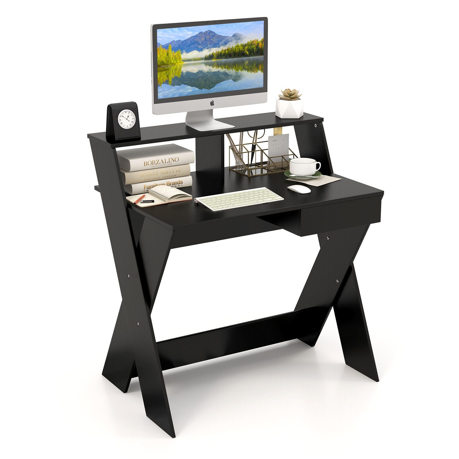 Gymax - Computer Desk Study Writing Table Small Space w/ Drawer & Monitor Stand - Black