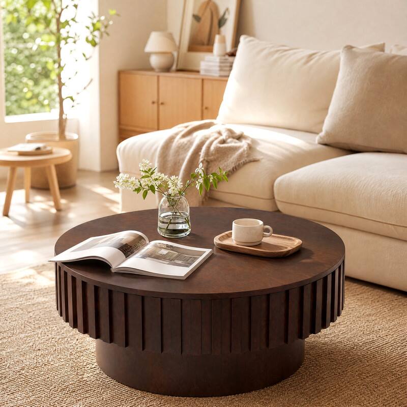Angle. WELLFOR - Modern Round Coffee Table with Storage, Wooden Drum Center Tables with Hidden Compartment - Walnut.