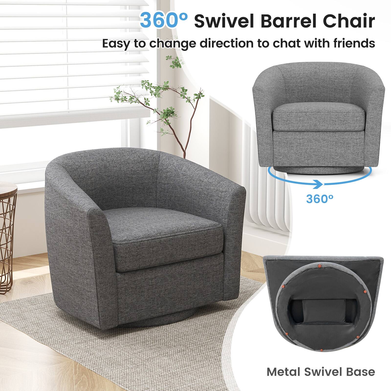 360° Swivel Barrel Chair, Easy to change direction to chat with friends, 360°, Metal Swivel Base